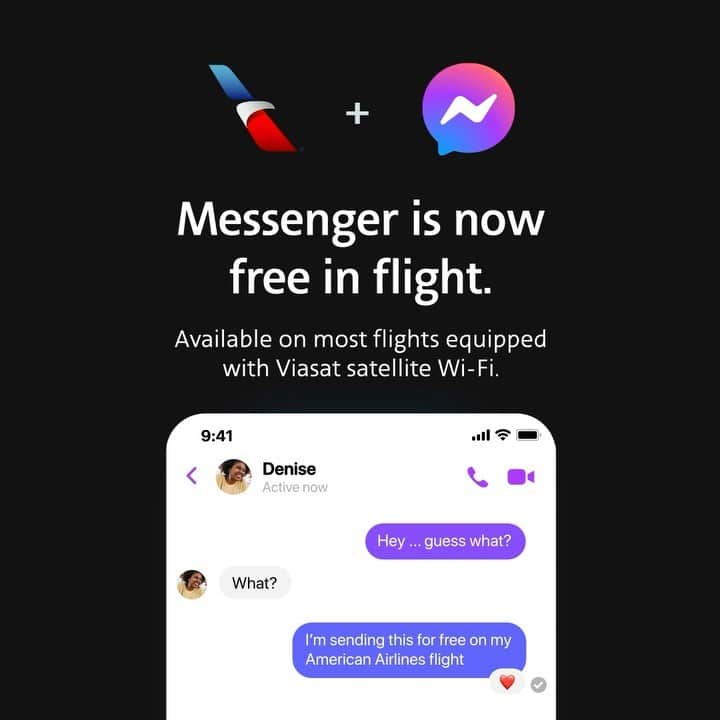 アメリカン航空のインスタグラム：「We are happy to announce we're testing free messaging services in-flight over the next few months, customers can now access services like @Messenger and @Messenger_Kids!」