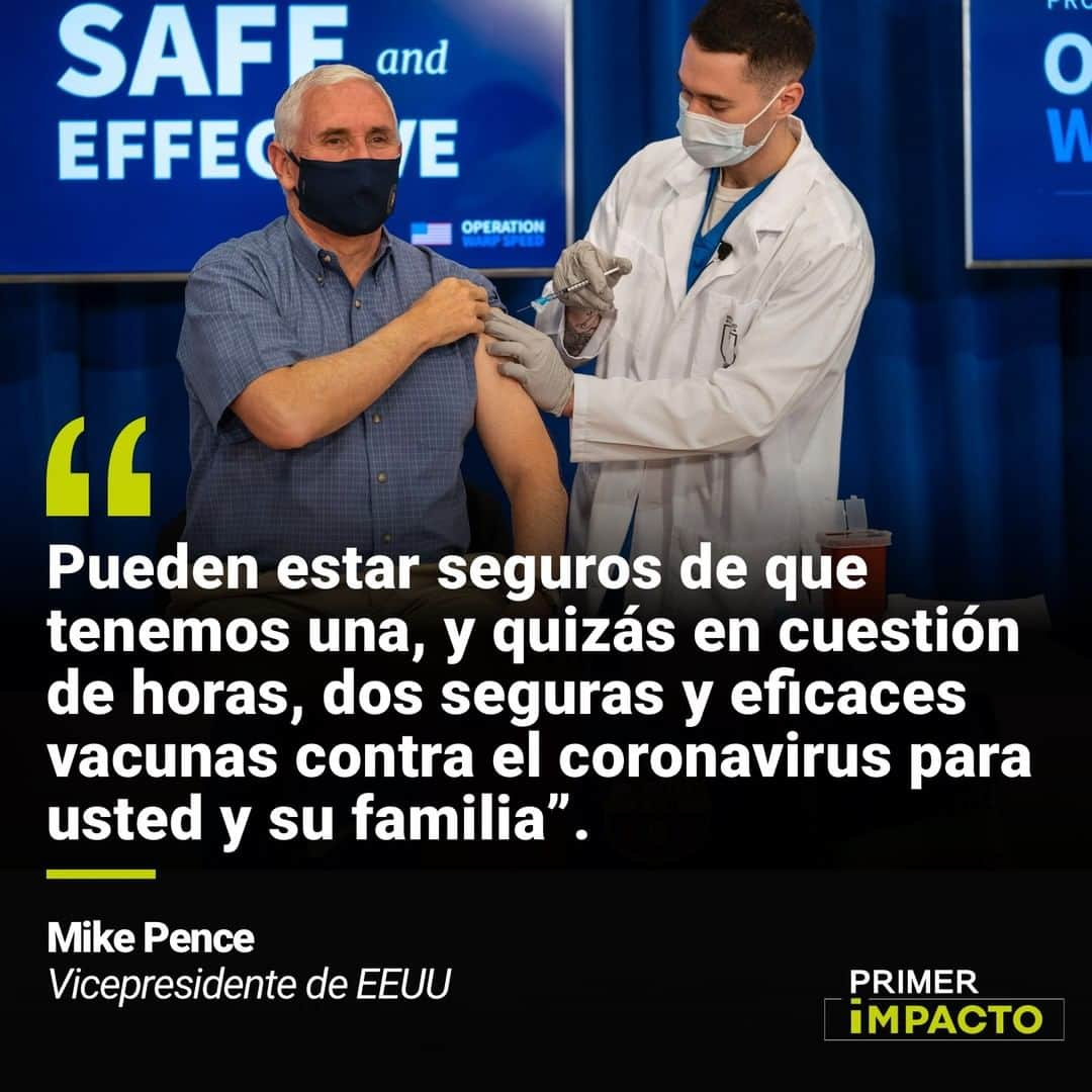 Primer Impactoさんのインスタグラム写真 - (Primer ImpactoInstagram)「El vicepresidente #MikePence recibió la vacuna contra el #coronavirus este viernes por la mañana en un evento en vivo.  Se trató de un acto para generar confianza entre el público en la seguridad y eficacia de la #vacuna.  "No sentí nada", dijo Pence tras recibir la vacuna quien apuntó junto a su esposa que querían "dar un paso adelante y recibir esta vacuna".  Más información en el link de nuestra biografía.  #PrimerImpacto.」12月19日 2時09分 - primerimpacto