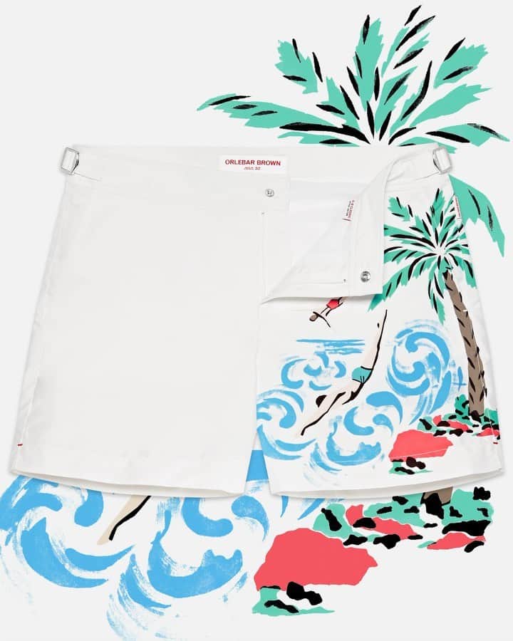 オールバーブラウンのインスタグラム：「Tap to shop our shorter-length Setter swim shorts, now available in a captivating tropical 'Island Divers' print. In a cloud-white hue, the colourful vintage style print depicts diving from palm trees into inviting tropical waters, which perfectly encapsulates our Feel Summer vibe. How do you #FeelSummer? 🏊‍♂️💬☀️ #OBsAroundTheWorld #OrlebarBrown」
