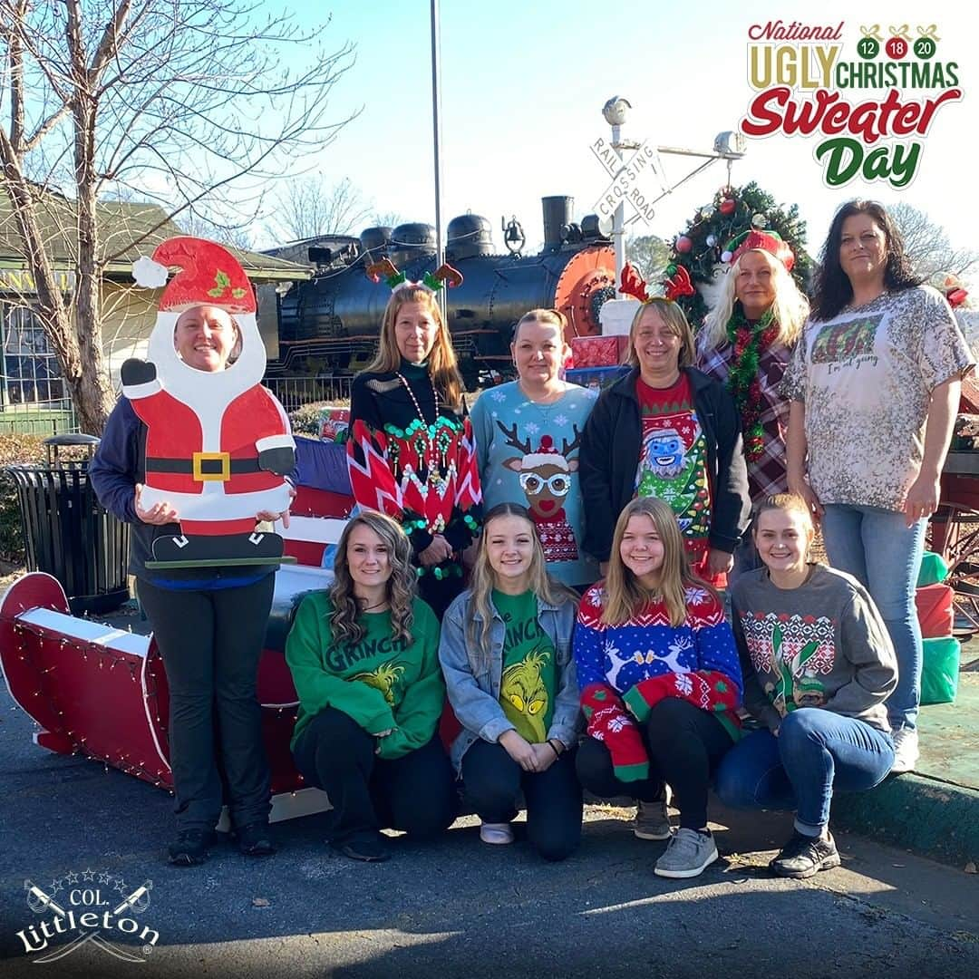 カーネルリトルトンのインスタグラム：「Happy National Ugly Christmas Sweater Day from the Col. Littleton Crew! 🎄🎅  #nationaluglychristmasweaterday #UglyChristmasSweaterDay #uglychristmassweater #HappyHolidays #MerryChristmas #HolidayShopping #Christmas #Leather #Leathergoods #Handmade #Handcrafted #MyColStyle #ColonelLittleton #ColLittleton #Tennessee #MadeInUSA」