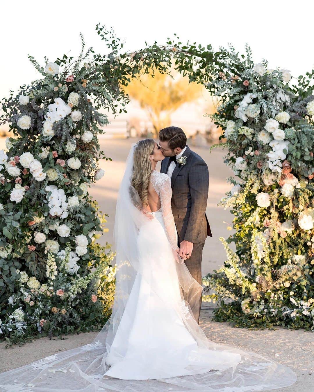 Monique Lhuillierのインスタグラム：「Third time’s a Charm! 💗🌸 An intimate soirée on their family’s ranch after re-scheduling for the third time. Congratulations Brooke & Jordan! Love conquers all.. 🥂 #moniquelhuillier #mlbride」
