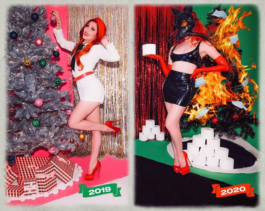 ボニー・マッキーのインスタグラム：「Xmas card 2019 vs 2020... what a difference a year makes.   I think the most important lesson of 2020 for me has been gratitude. I know I had some huge revelations about how easy it is to take things for granted. My health, my family, my job, my privilege, my rights... even the day to day things like having internet, toilet paper, getting a haircut, and basic human contact.   Traumatizing and disruptive as this year has been for many of us, the silver lining for me has been learning to appreciate the things I have, and really think about how blessed I am to still have hot water, food, shelter, technology to communicate with my loved ones... and thinking about how so many people don’t have these basic things.   So while 2020 was a dumpster fire of a year, it was simultaneously a beautiful wake up call to count my blessings, give back when I can, prioritize what really matters, and remember that the night is darkest before dawn.   Have the Happiest Holiday you can, stay safe, and keep the faith. We’re almost there! #christmas2020  📸 @cynthiaparkhurst  🎨 @jes.sheldon」