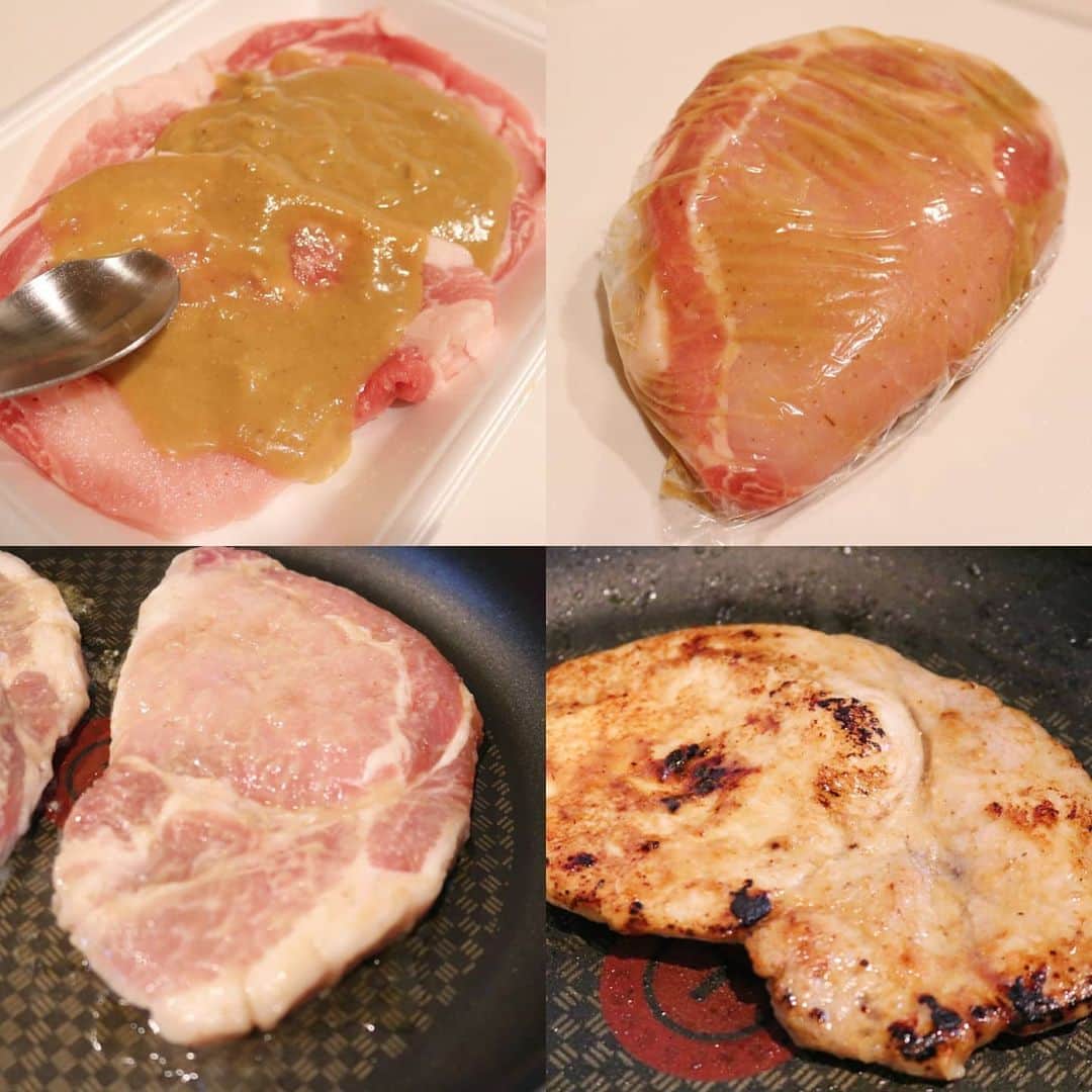 yunaさんのインスタグラム写真 - (yunaInstagram)「♩ #レシピあり . . . 豚ロースのシードル味噌漬け . . フランス産のシードルと日本のお味噌を合わせたものに豚ロース肉を一晩漬けて焼きました🍳 . . シードルはりんごで造ったスパークリングワイン🍎 . . りんごの豊かな香りやコクがありスッキリとした味わいで、お料理にも色々使えるんですよ😊 . . 炭酸効果でお肉もやわらかくなって美味しかったです😋 . . レシピ書きますね🙋 . . . 🍳【豚ロースのシードル味噌漬け】３人分  🥕材料 豚ロース肉 ３枚 ○シードル 大さじ２ ○味噌 大さじ３ ○はちみつ 大さじ１ ○醤油 小さじ１ ○にんにんのすりおろし 小さじ１ ○しょうがのすりおろし 小さじ１ サラダ油 適量  🥕つくりかた ①豚肉は筋切りをする。フォークなどでお肉を刺して味を染み込ませやすくする。  ②○を混ぜたものに①の豚肉を入れて半日置く。焼く前に冷蔵庫から取り出し常温にもどしておく。  ③フライパンを中火で熱し、少量のサラダ油を入れる。漬けダレを少し取り除きながら豚肉を並べ、肉の上面がうっすら汗をかいてきたら、裏返して両面焼く。  ④残った漬けダレをフライパンに入れ、火を少し強めてお肉に軽く焦げ目をつけたら出来上がりです♪  #FoodMatchEU#ヨーロッパの食材#パーフェクトマッチ#ペアリングメニュー#PR#yunaご飯#シードル#りんごのお酒#レシピ」12月19日 11時55分 - yuna921