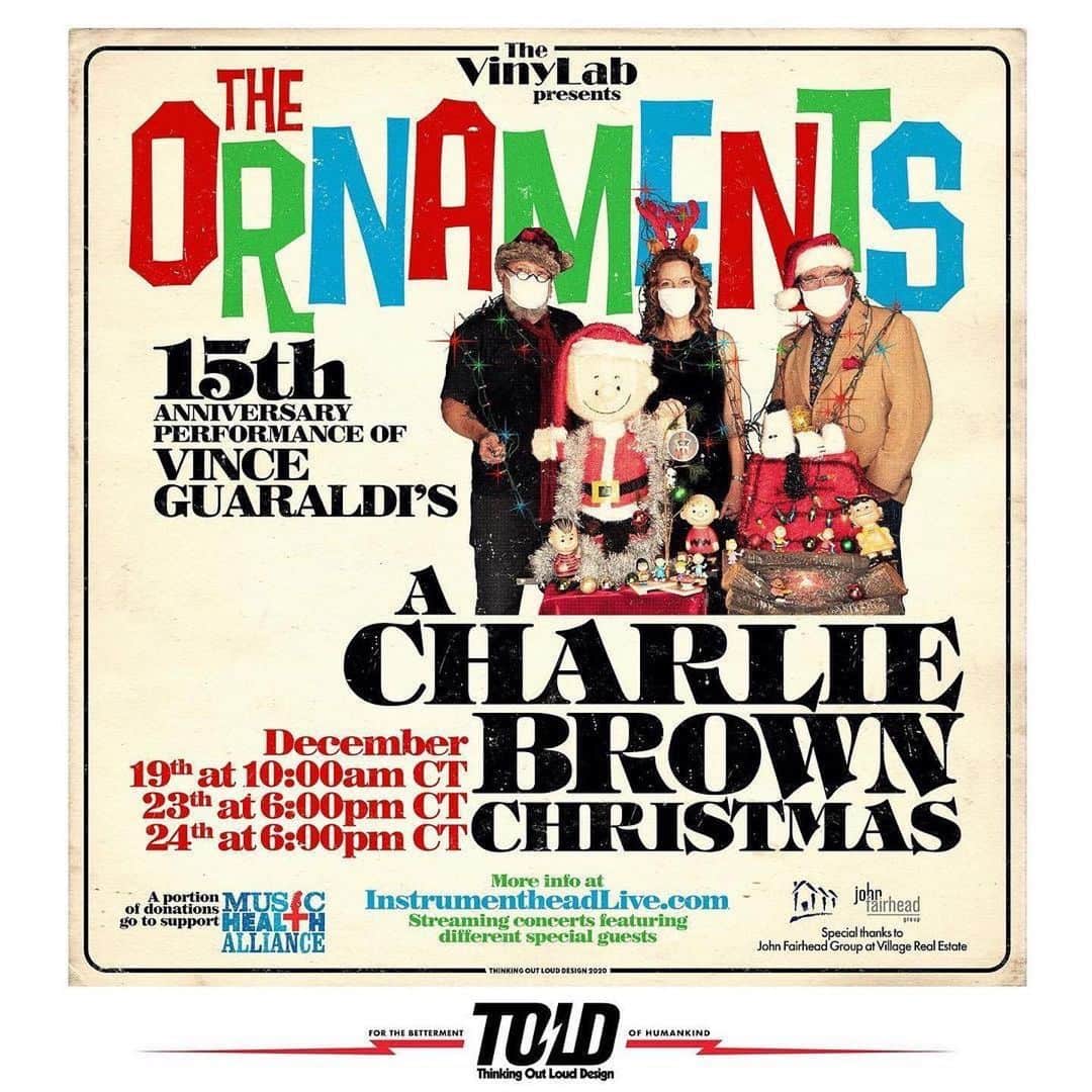 シェリル・クロウのインスタグラム：「This is not to be missed!! 🎄One of my favorite Christmas traditions will be virtual this year and I can’t tell you how excited I am that more of you get to see it! 🎄 Check out @theornamentsband present “A Charlie Brown Christmas”. It’s amazing!! And they have 3 FREE shows. Details through link in bio. Swipe for a peek at their rehearsals 👉  #Repost @jengunderman & @theornamentsband」