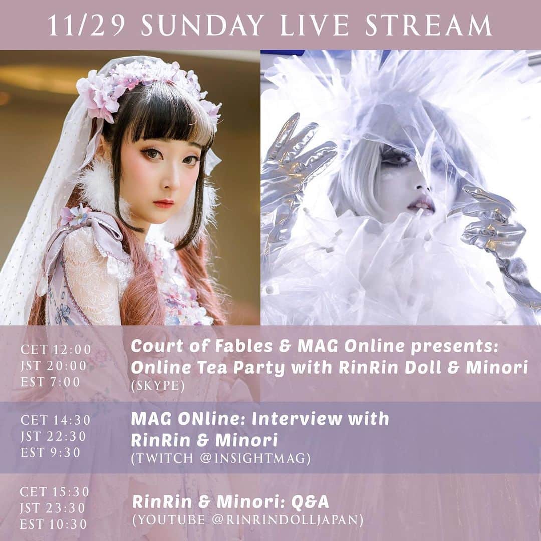 RinRinさんのインスタグラム写真 - (RinRinInstagram)「RINRIN’S LIVE STREAM Schedule for 11/27-29 🌟 今週末リンリンの生配信スケジュール🌟 11月27〜29日  I’ll be doing voice-acting, cosplaying, unboxings, tea parties, gaming & more!  Come join us this weekend!💘  日本の配信時間JSTは夜20:00〜です！声優チャレンジ、コスプレ、アニメグッズの開封、お茶会、ゲームなどなど！是非遊びに来てね💘  11/27-29 time zones: CET 12:00-16:00: Germany (MAG online) JST 20:00-0:00: 日本時間帯 EST 7:00-13:00: East coast North America  Streaming youtube.com/rinrindolljapan  Gaming twitch.tv/rinrindoll  For MAG Online anime convention in Germany ドイツのオンラインアニメイベント @mag_erfurt  . . #rinrindoll #japan #tokyo #harajuku #japanesefashion #tokyofashion #harajukufashion #東京 #lolitafashion #lolitateaparty #onlineteaparty #リモートお茶会 #ロリータファッション #ロリータ #magonline #animeconvention #onlineconvention #cosplay #myheroacademia #livestream #アニメコンベンション #コスプレ #アニメ」11月25日 21時15分 - rinrindoll