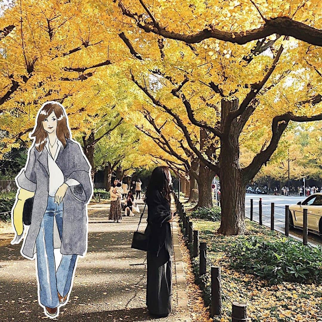 のインスタグラム：「すっかり銀杏並木が黄色になりましたね🍂﻿ 連休明けから寒くなってきて、体調を崩されていませんか？﻿ TNQLで天候とコーディネートをチェックして体調崩さなように気をつけましょう！﻿ ﻿ #外苑前銀杏並木﻿ ﻿ いつもおしゃれな写真を投稿している@__anna.f さんがTNQLを活用して投稿してくれました♡♥﻿ ﻿ #tnql #お散歩コーデ #外苑前 #コーディネート #おしゃれ  #イラストレーターさんと繋がりたい #おしゃれさんと繋がりたい ﻿ ﻿」