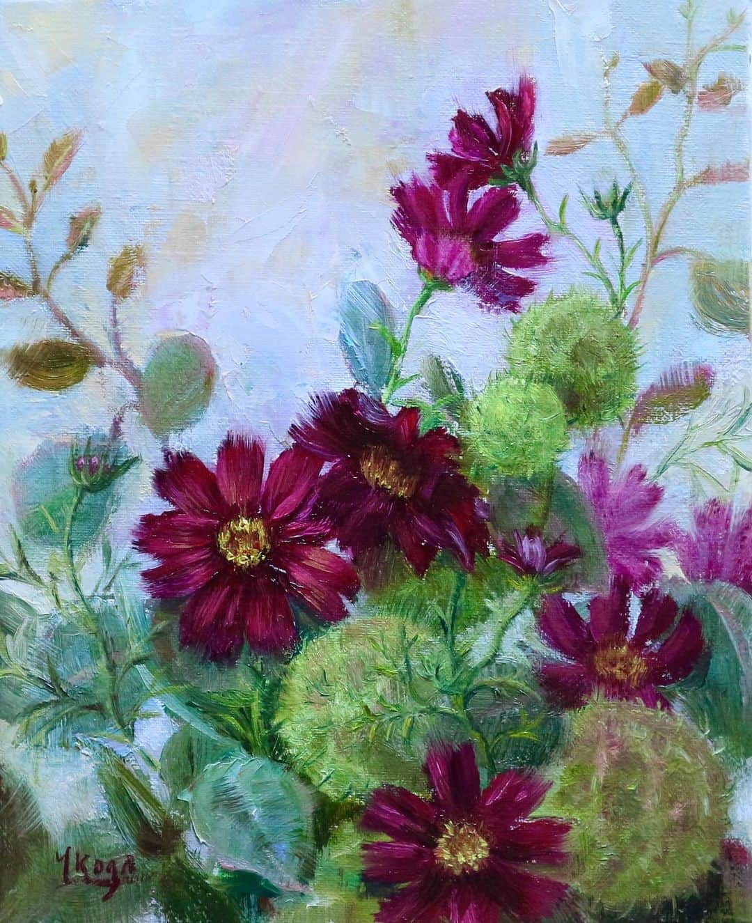 古賀陽子のインスタグラム：「“秋桜と風船唐綿”  ・ 【神戸個展 開催中】 油彩画家 古賀陽子 個展　〜Nymphの世界〜 開催日時: 2020年11月20日(金)〜12月1日(火) 11:00〜19:00  ※最終日は17:00まで ※25日(水)は休廊日です  場所: FLORE Artist Gallery 神戸市中央区山本通 1－7－9ブーミン北野  1F  アクセス: 阪急電鉄三宮駅・JR 三ノ宮駅 東出口→徒歩８分、阪神電鉄三宮西出口→徒歩５分、東海道新幹線新神戸駅→車５分  小作品から大作まで30点を超える新作を発表。 人物を中心に、小動物やお花の作品も展示いたします。  COVID-19感染拡大防止のため会場内ではマスクを着用の上、ソーシャルディスタンスを十分にお取りくださいますようお願い致します。  ●Web個展● ホームページへはプロフィール @y.koga7 から < オンラインショップ > https://yokokoga.official.ec 　販売期間 : 11/22(日) PM 9時～12/2(水) PM 9時  　ホームページからもアクセスいただけます。  < VRツアー > ※特別な機械は必要ありません。 　準備出来次第公開開始 :  ホームページよりご覧いただけます。 ーーーーーーーーーーーーーーーー  “ The Cosmoses and The Wild cottons”  【Web Exhibition】 Access from the link in bio Please enjoy the exhibition online.  【the online shop】 https://yokokoga.official.ec They are sold until Wed. 12/2 9pm Access from the link in bio  【The solo exhibition in Kobe】 “The World of Nymphs” 20th Nov. 2020〜1st Dec. 11:00am〜7:00 pm ※the final day→opens unti 5pm  ※close→Wed. 25th  Gallery: @floreartistgallery  FLORE Artist Gallery 神戸市中央区山本通 1－7－9ブーミン北野  1F  ———————————————————————  #アート #アーティスト #アートワーク  #アートコレクター #画家 #美術館 #作品 #絵画展 #アートのある暮らし #絵画のある暮らし #絵のある暮らし #アート好きな人と繋がりたい #ギャラリー #個展  #油絵 #画廊 #人物画 #美人画 #神戸 #三宮 #北野坂 #西宮 #art #artwork #gallery #artist #oilpaintartist #exhibition #古賀陽子 #yokokoga」