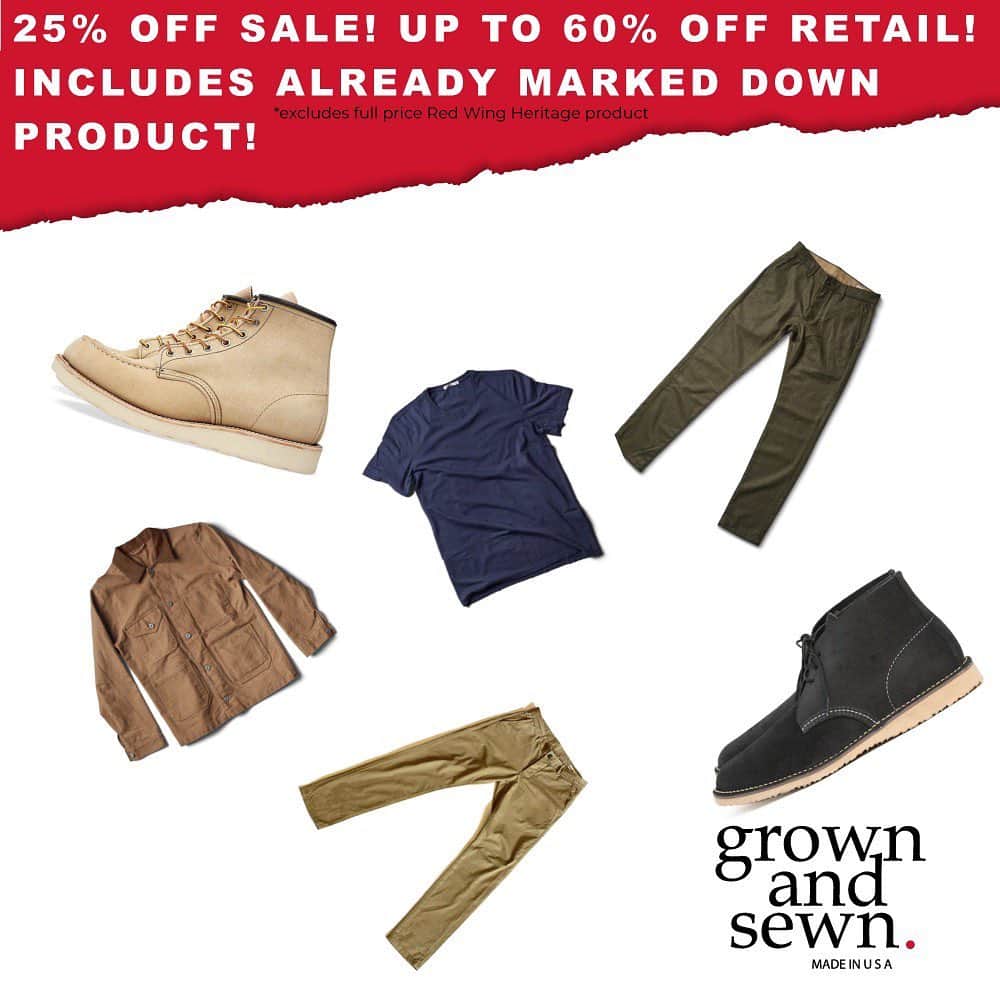 のインスタグラム：「Use code “202025” for 25% off all apparel, includes items that are already marked down. *sale does not apply to full priced red Wing heritage product.」