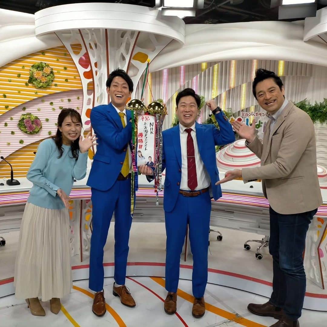 皆川勇気のインスタグラム：「先日、「なんしょん？」でお祝いして頂きました😆😆✨  #なんしょん #OHK #岡山放送 #上岡アナ #今川アナ」