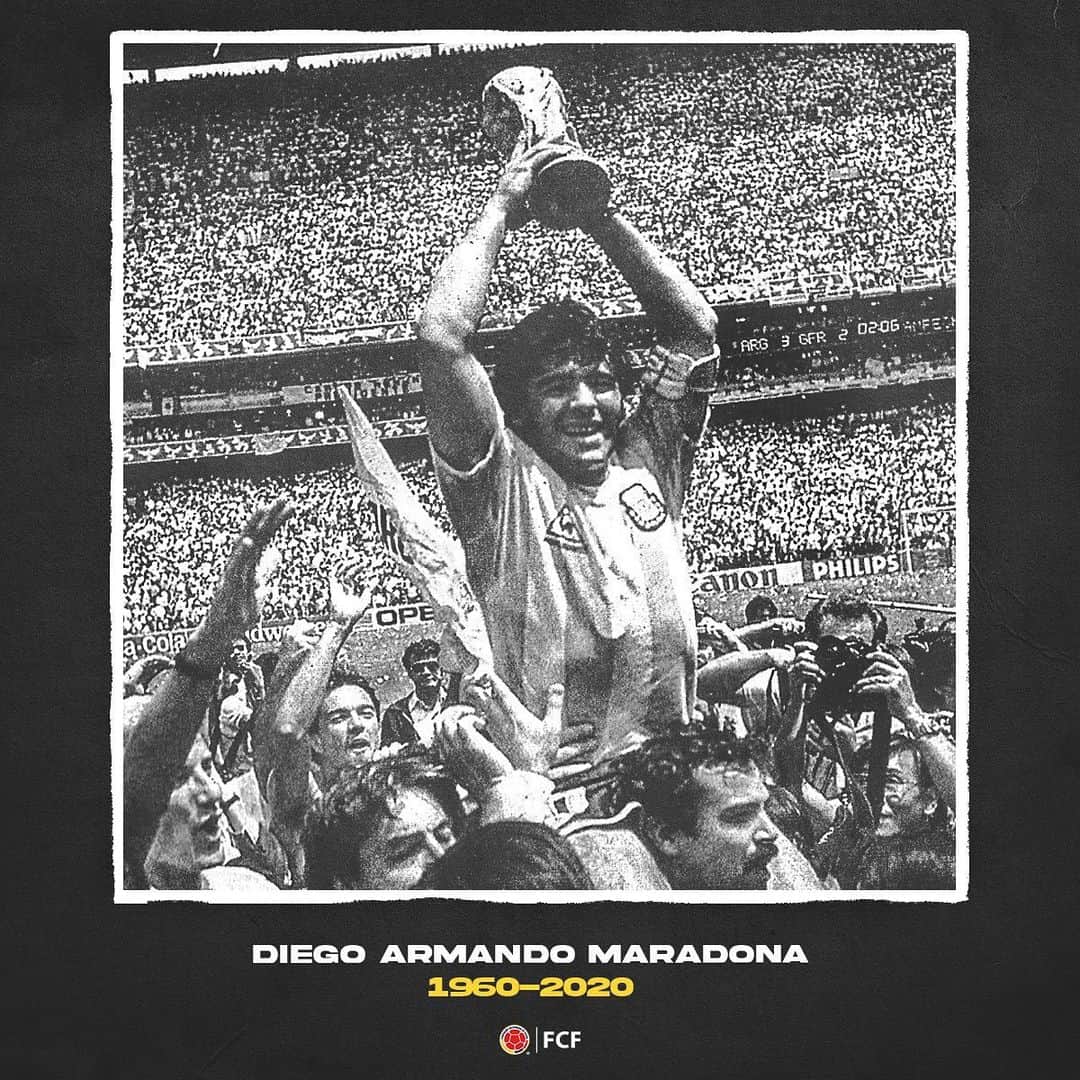 サッカー コロンビア代表チームのインスタグラム：「FCF lamenta profundamente el fallecimiento de Diego Armando Maradona. Q.E.P.D.」