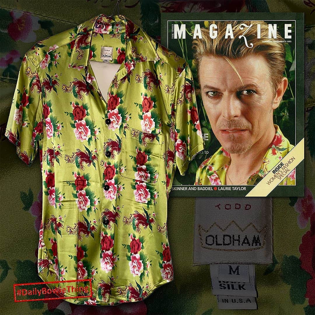 デヴィッド・ボウイさんのインスタグラム写真 - (デヴィッド・ボウイInstagram)「DAILY BOWIE THING – Day 25  “And the papers want to know whose shirts you wear...” *  As we mentioned back on Day 14 of #DailyBowieThing, across the years David Bowie made available a few items from his wardrobe which he no longer needed or wanted. In most cases the pieces of clothing would be donated and auctioned with the proceeds going to charity.   Here’s another example of one such item, a beautiful silk shirt worn by Bowie for a Times Magazine cover shoot with Graham Wood in 1995. The pictures were taken to accompany an interview with Alan Franks.   Most of the clothes Bowie let go were autographed, and this example is no exception. Swipe for a close-up of the signature inside the shirt collar.  * In answer to the question posed by Bowie over fifty years ago, Todd Oldham in this particular case.  #DailyBowieThing  #BowieClothing」11月26日 2時24分 - davidbowie