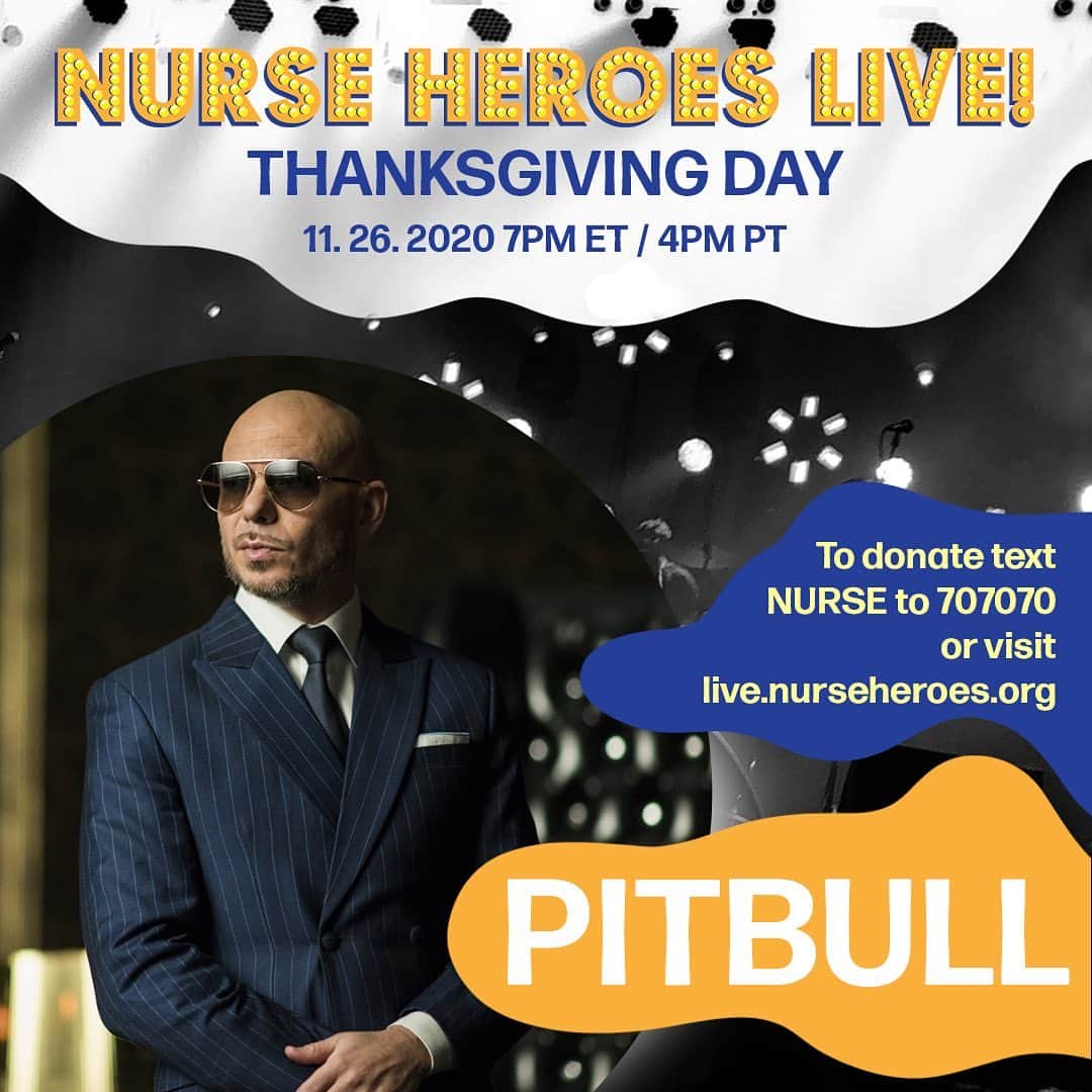 ピットブルのインスタグラム：「Thanksgiving is a day to give thanks. This Thanksgiving let’s give a very special thank you to the nurses that have worked so hard this year. Don’t miss a performance by yours truly and others tomorrow on @thenurseheroes LIVE to raise funds for Nurse Heroes everywhere. Visit live.nurseheroes.org for more info. #NurseHeroes」