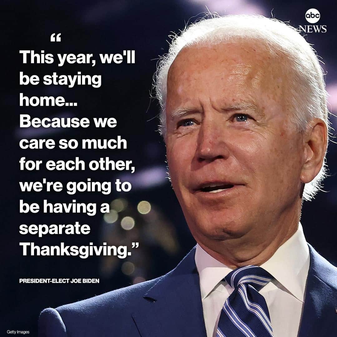 ABC Newsさんのインスタグラム写真 - (ABC NewsInstagram)「Pres.-elect Joe Biden on foregoing his family's Thanksgiving traditions amid COVID case surge: "This year, we'll be staying home...Because we care so much for each other, we're going to be having a separate Thanksgiving." #joebiden #thanksgiving #covid19 #coronavirus」11月26日 5時15分 - abcnews