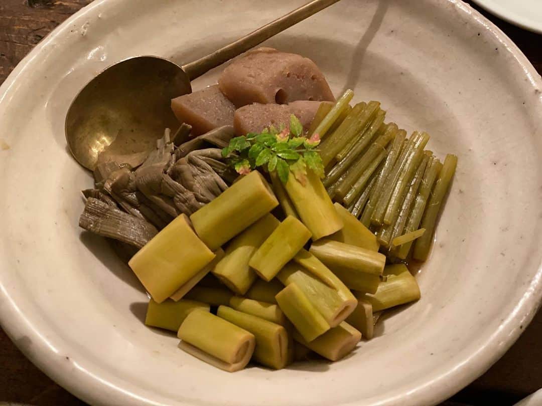 のインスタグラム：「高知食材のごはん。 手作りこんにゃく、イタドリや破竹の煮物 青菜とにんにくのかつお酒盗いため 原木しいたけ焼き 写真に無いけど青目の一夜干しも美味しかった！ #青山有紀 #青山有紀ごはん」