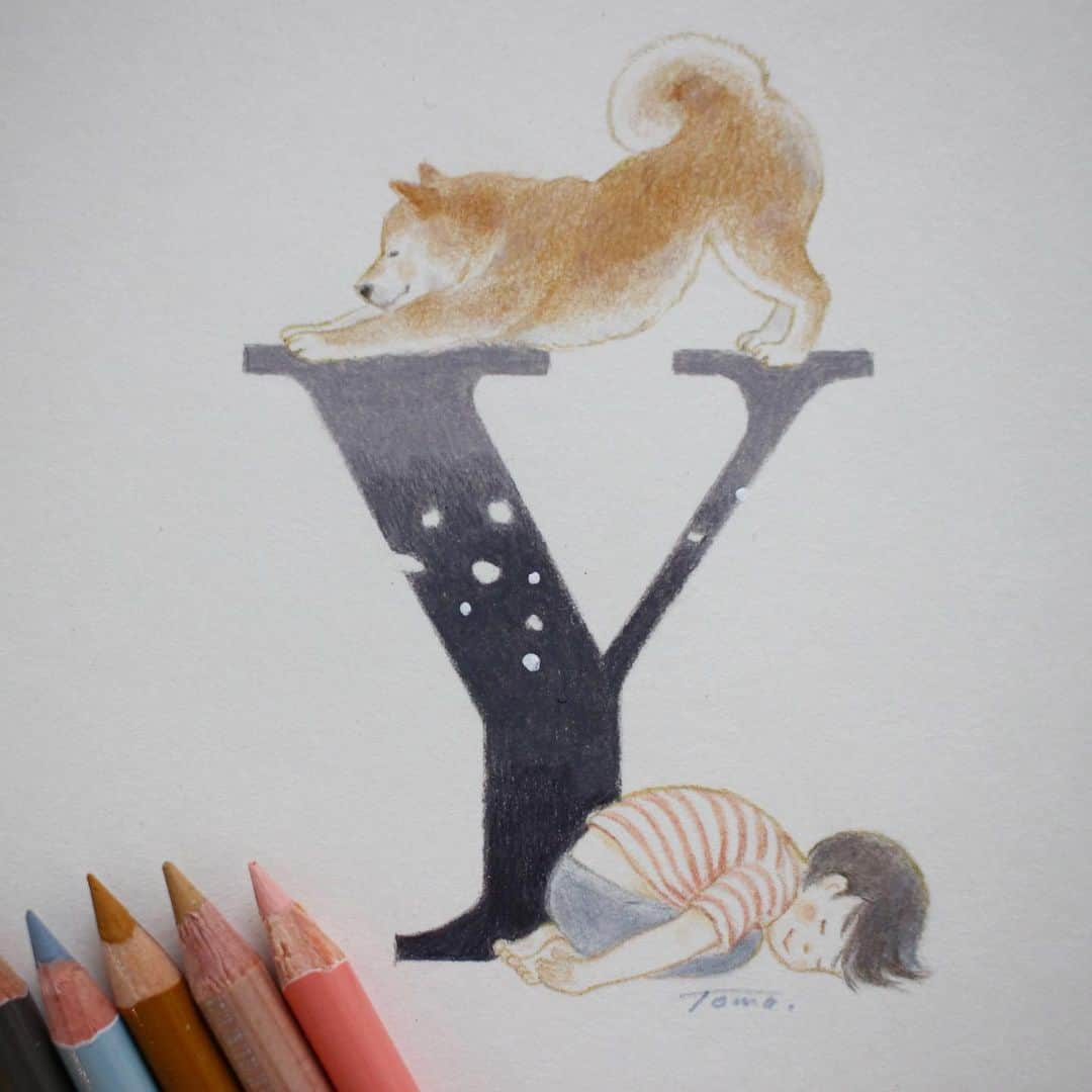 Tomoko Shintaniのインスタグラム：「Letters “Y” 🧘‍♀️ . Masters of yoga🥸 . #letters #yoga #downwardfacingdog #adhomukhasvanasana #childspose #balasana #柴犬 #shibainu #karismacolourpencils #holbeinartistscoloredpencil #carandacheluminance」