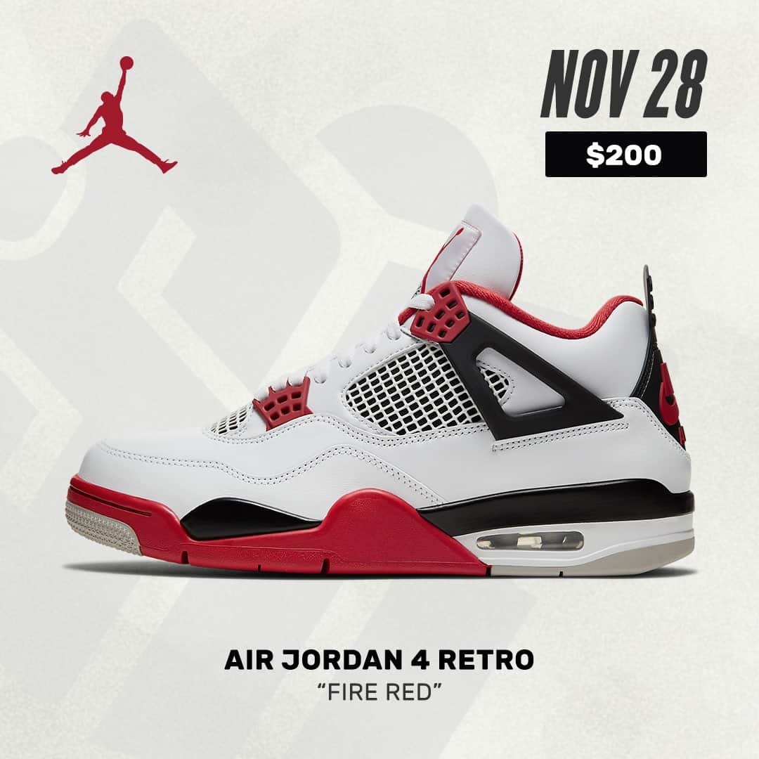 Sneaker Newsさんのインスタグラム写真 - (Sneaker NewsInstagram)「#SNReleaseAlert : The Air Jordan 4 Retro OG "Fire Red" release is just a week away. Full family sizes will be available on SNKRS and Jordan retailers globally on 11/28. Hit the link in our bio for the store list.」11月26日 14時00分 - sneakernews