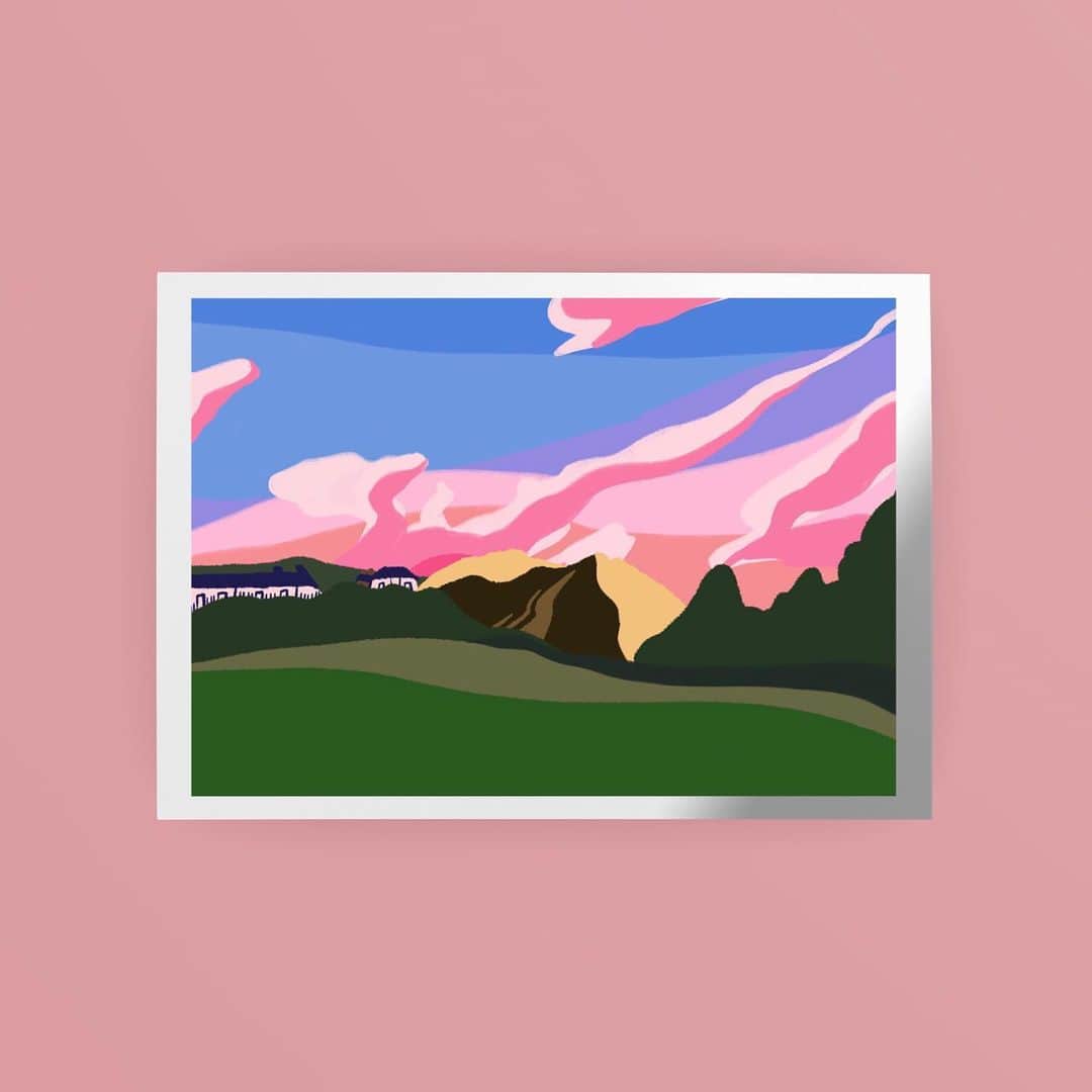 nanamyのインスタグラム：「☁️INDIAN SUMMER☁️- in Wales 2019- ・ Winter is coming but always keeping summer pink sky in my mind💘 雲の流れが好きだった、ウェールズのなんにもない場所での空。展示でいいと言ってくれる人が多かった作品でお気に入りです ・ Edition 10(Three more left at webshop!) Giclee print on fine art paper, signed and numbered.  #drawing #illustration #artprint #travelillustration #wales #uk」