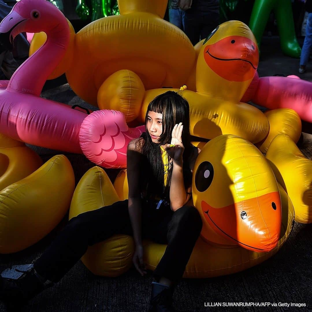 ABC Newsさんのインスタグラム写真 - (ABC NewsInstagram)「A pro-democracy protester gives the three-finger salute as she poses on an inflatable duck during an anti-government rally in Bangkok, Thailand on November 25, 2020. #thailand #democracy #protests」11月26日 18時00分 - abcnews