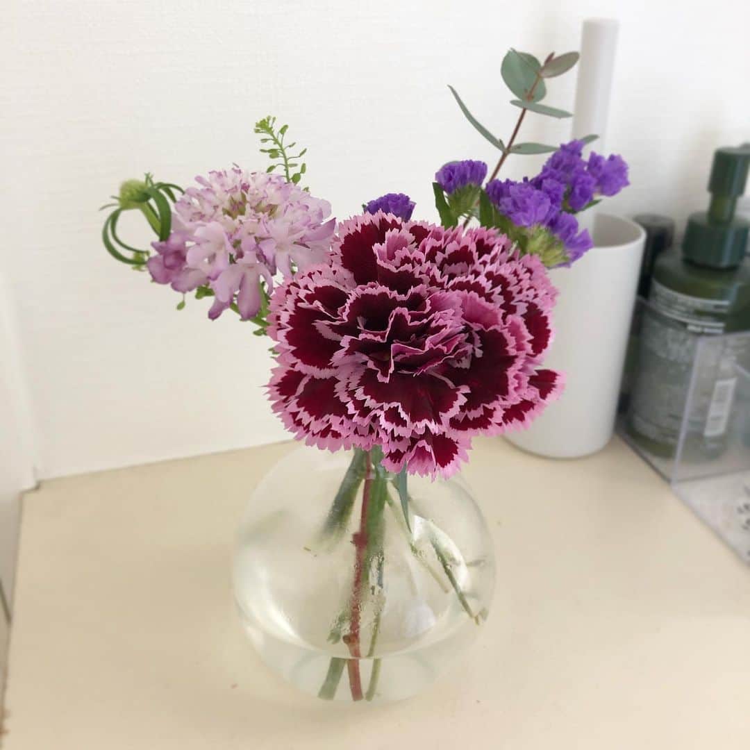 馬渕史香のインスタグラム：「今回の @flowr_is  史香的にはめずらしいチョイス  カーネーション / スカビオサ / スターチス / タラスピ / ユーカリ  ↓のコード入力で、通常1回の無料分が2回になるのでどうぞ✨ 招待コード：B8GL  #あしざわ家 #ずぼら主婦  #赤ちゃんのいる生活  #お花のある生活 #flower #flower_is #お花の定期便 #お花便　#サブスク #サブスクリプション」