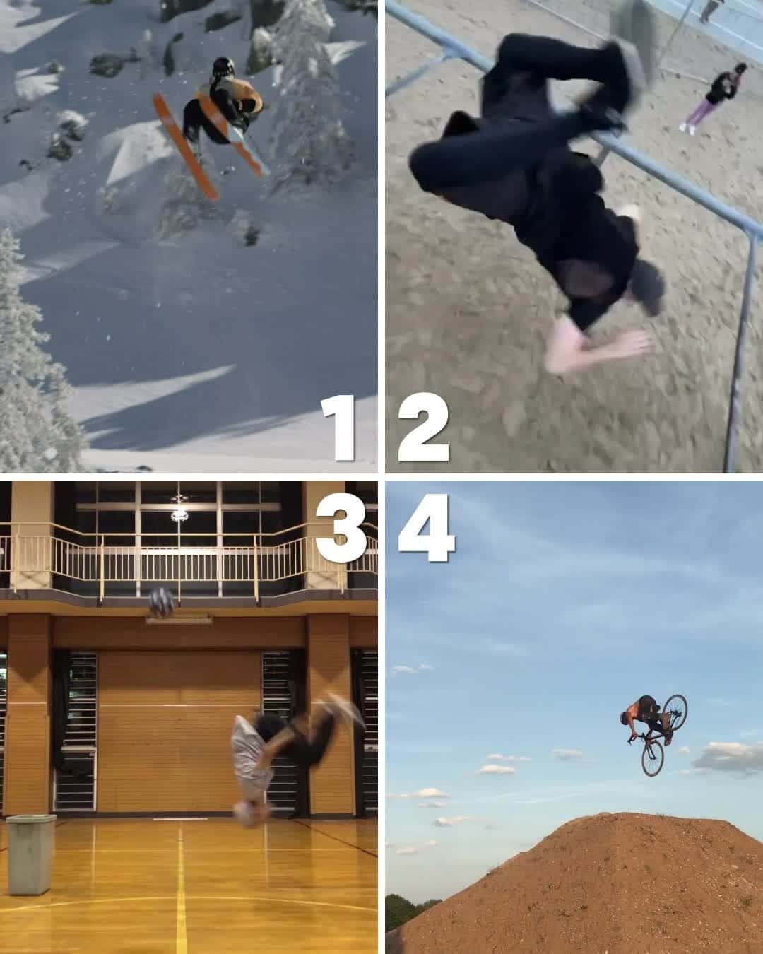 レッドブルのインスタグラム：「the power is officially in your hands 👀   which backflip do YOU think is best? go go go 😆 👇  1) ⛷ : @paddygraham 2) 🏃‍♂️ : @thejasonpaul 3) ⚽️ : @tokura_freestyle 4) 🚲 : @szymongodziek  #redbull #givesyouwiiings #skiing #parkour #freestyle #soccer #mtb #backflip」