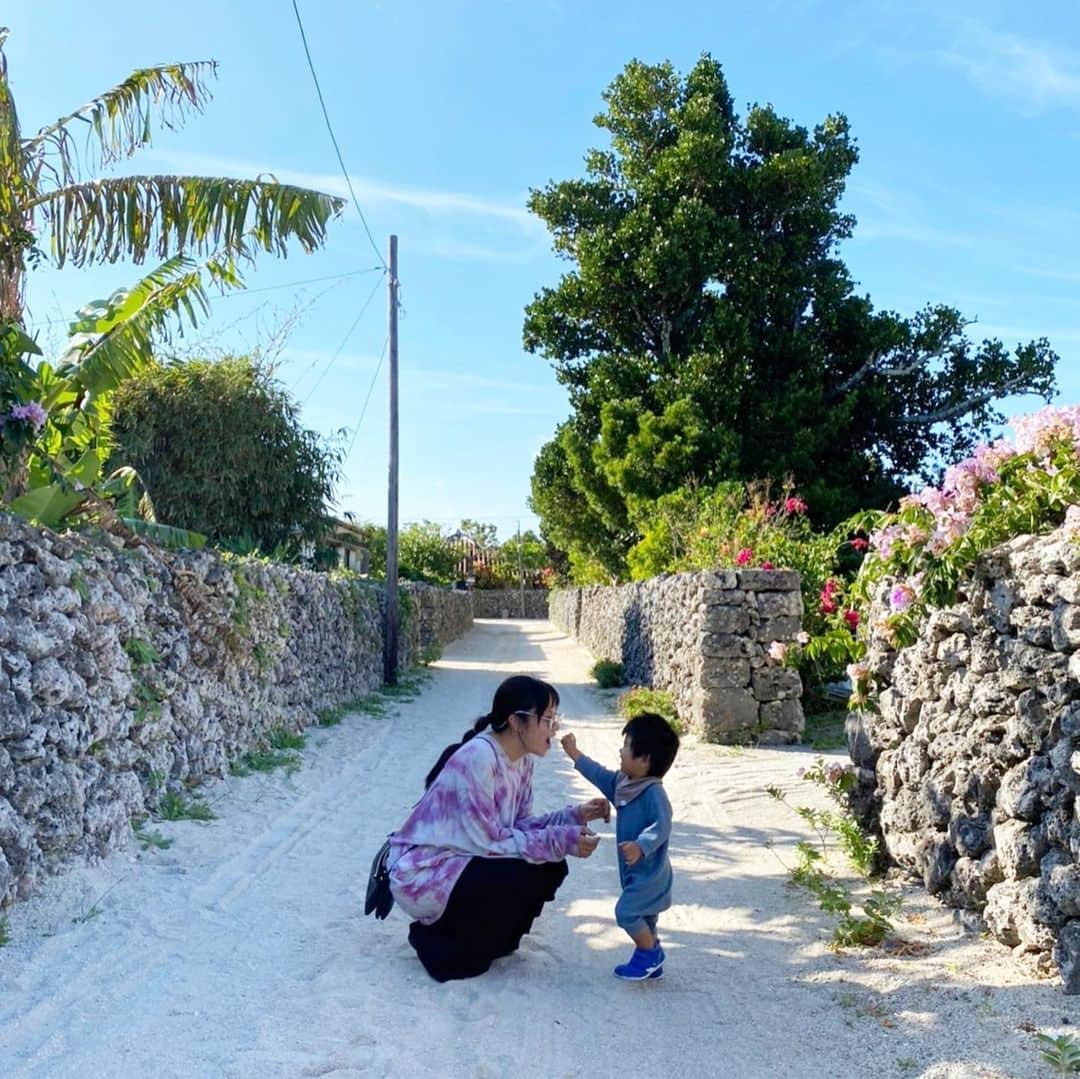 知念美加子さんのインスタグラム写真 - (知念美加子Instagram)「念願の竹富島〜🌺🌺🌺 ・ ・ ・ たけのこも初めての旅行✈️ 大変だけど（ほんと大変だけど）それ以上に楽しい❤️ ・ ・ 写真はすてきなラブラブ写真❤️ のようだけど、道生えてる花を食べさせられてるとこです😇 ・ ・ ・ #竹富島 #半袖が正解でした #たけのこメモリー」11月26日 23時39分 - chinenmikako