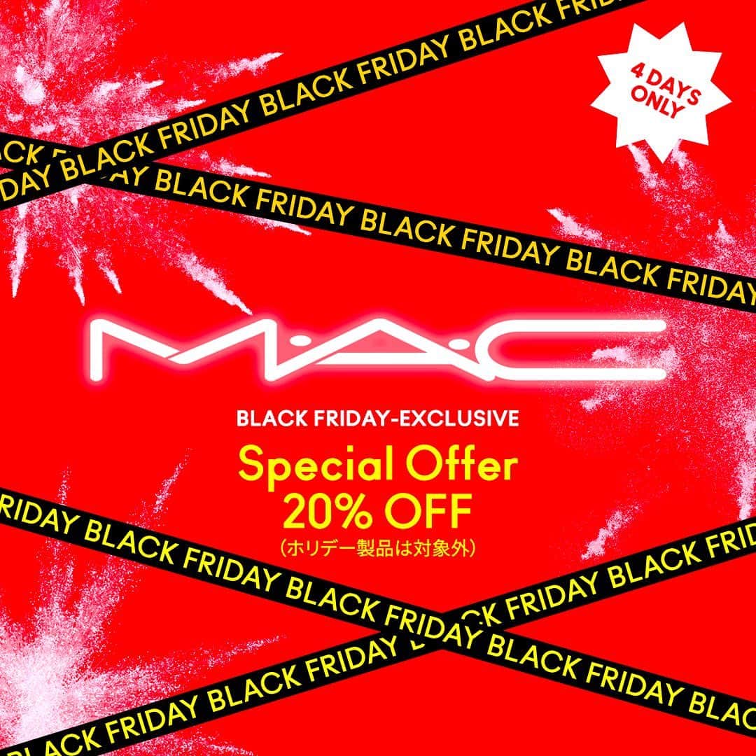 M∙A∙C Cosmetics Japanのインスタグラム：「＼4日間限定！M·A·Cブラックフライデー スペシャルオファー／ ㅤ 本日11月27日(金)12:00〜4日間、公式オンラインサイトにて、ホリデー製品を除く全製品が、20%OFFでお買い求めいただけます✨ ㅤ 【※限定数量に達したため、終了致しました※】 さらに税込9,900円以上お買いあげの先着500名様にサンプル付きポーチをプレゼント🎁 年に一度のこの機会を見逃さないで。 ㅤ *実施期間：11月27日(金)12:00～30日(月)23:59 ※アクセス集中などによりキャンペーン開始が遅れる場合がございます。予めご了承ください。 ㅤ 【サンプル付きポーチ】(画像2枚目) サンプル製品・容量 : フィックス+ オリジナル 5ml、 ストロボクリーム ピンクライト 6ml ポーチサイズ : W210 × H115mm ㅤ ＜注意事項＞ ・キャンペーン割引後の金額が9,900円(税込)の場合、プレゼントの対象となります。 ・お1人様1会計につき1点まで、数量限定のためなくなり次第終了です。 ・ショッピングカートにプレゼント製品が表示されているかご確認ください。ショッピングカートに表示されない場合は、在庫切れとなります。 ㅤ #BlackFriday#ブラックフライデー」