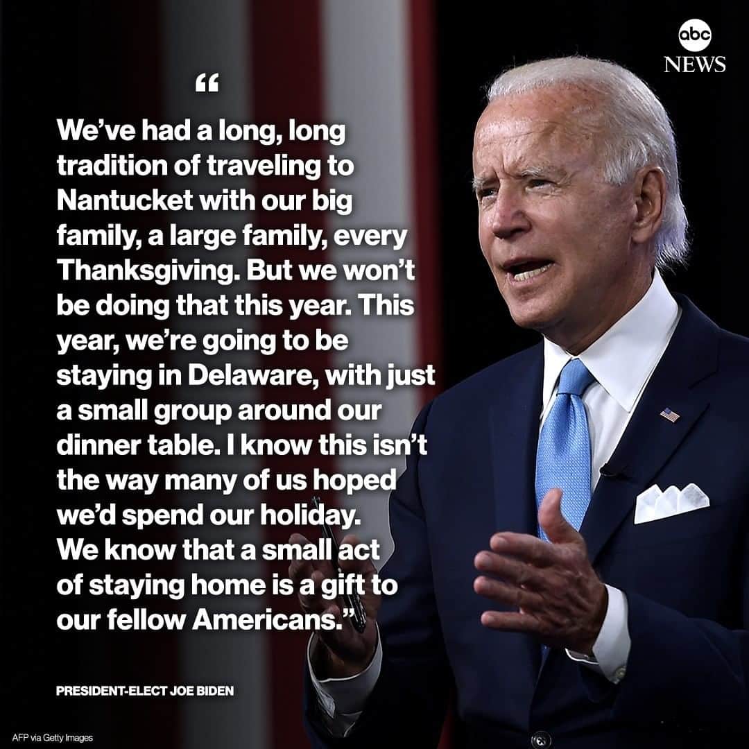 ABC Newsさんのインスタグラム写真 - (ABC NewsInstagram)「“We know that a small act of staying home is a gift to our fellow Americans.”  In a new video, President-elect Joe Biden and future first lady Jill Biden talk about their altered Thanksgiving, reminding Americans that while celebrations may be more isolated this year, they are helping keep Americans safe. #joebiden #thanksgiving #coronavirus」11月27日 0時15分 - abcnews