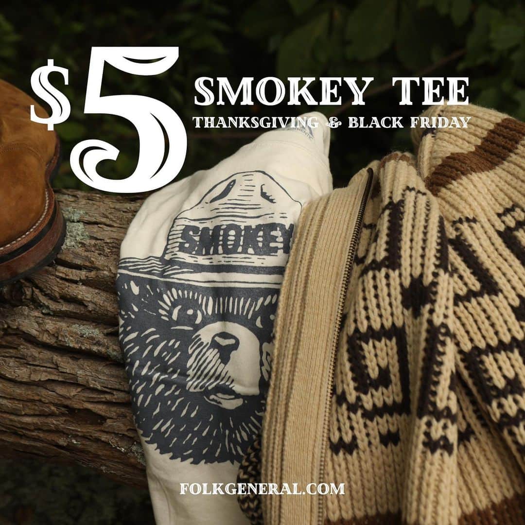 FOLKのインスタグラム：「We aren’t doing a huge sale this year for the Christmas season, but we are doing flash sales throughout. Our biggest and best flash sale is TODAY. The Smokey tee is $5 for the next two days! Go to the site (www.folkgeneral.com). Quantities are super limited!」