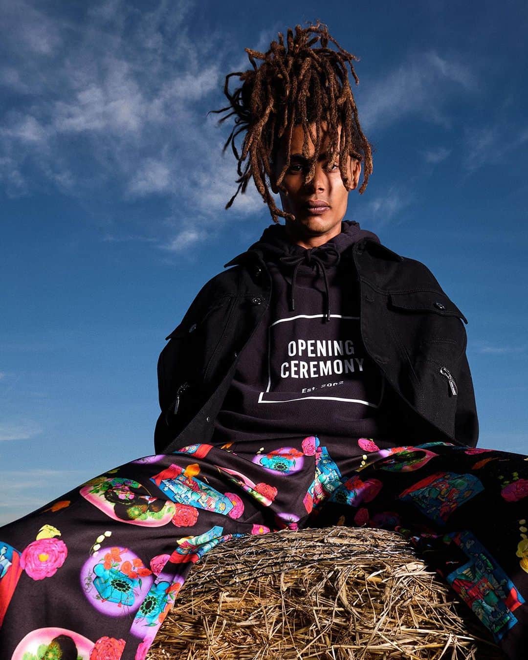 オープニングセレモニーのインスタグラム：「Featuring a combination of exclusive prints by @ram__ham for our FW20 collection. Shown here are the multi-patterned pants and our Box Logo sweatshirt ❤⁠⠀ ⁠⠀ openingceremony.com⁠⠀ ⁠⠀ 📸 by @jimcnedd / styling by @franciferretti /⁠⠀ model @momyonekenobi」