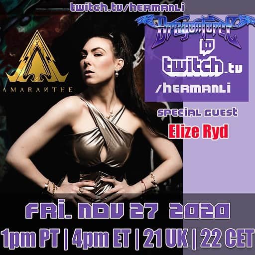 DragonForceさんのインスタグラム写真 - (DragonForceInstagram)「TOMORROW: @elizeryd of @amarantheofficial joins us to hang & listen to the Amaranthe song we wrote 🤣 What do you think she’ll think?  Twitch.TV/HermanLi 1pm PT, 4pm PT, 9pm UK」11月27日 5時59分 - dragonforcehq