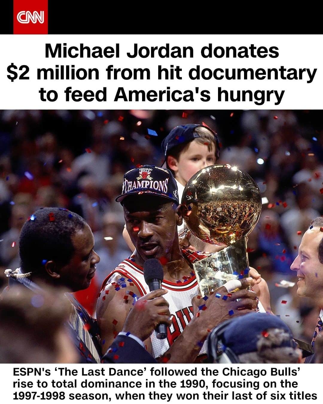 CNNさんのインスタグラム写真 - (CNNInstagram)「Michael Jordan has donated $2 million in proceeds from the hit documentary, "The Last Dance," to help feed hungry people across the US. "In these challenging times and in a year of unimaginable difficulty due to Covid-19, it's more important than ever to pause and give thanks," the 14-time NBA All-Star said in a tweet sent by Feeding America, the nation's largest hunger-relief outfit. (📸: Fernando Medina/NBAE/Getty Images)」11月27日 6時00分 - cnn