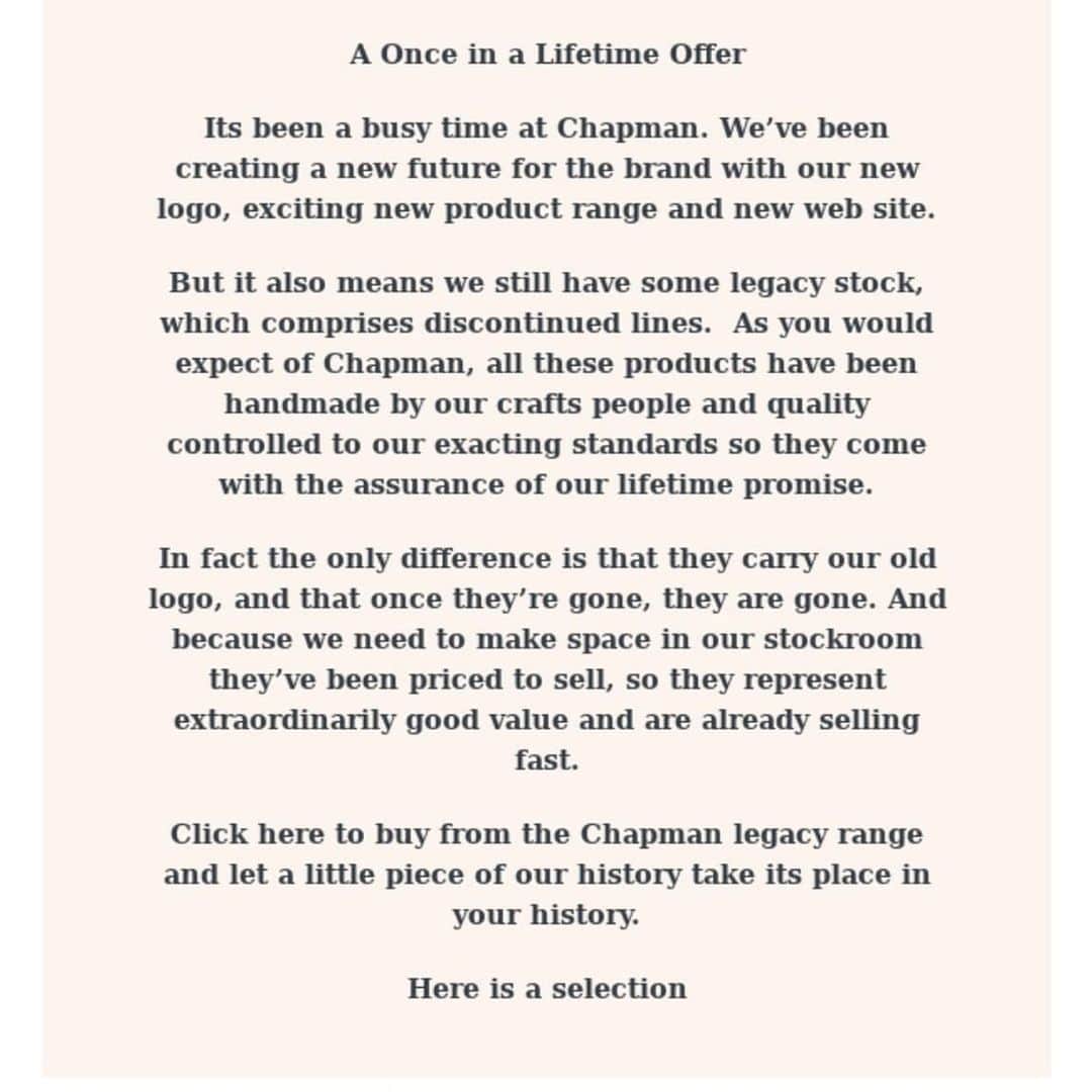ジョンチャップマンのインスタグラム：「The First and Last Chapman Sale. Link in Bio➡️」