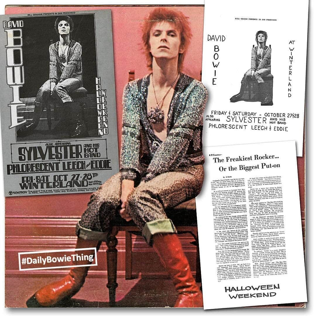 デヴィッド・ボウイさんのインスタグラム写真 - (デヴィッド・ボウイInstagram)「DAILY BOWIE THING – Day 26  “Yeah! I ran to the street looking for information...”  Ten years before the rather posh Japanese flyer from 1982 was produced (the one we posted for DAILY BOWIE THING – Day 11), things were a little more homemade for some of the dates on the first American Bowie tour, at least the double-sided one on the right of our montage for the shows at Winterland Auditorium on 27th/28th of October 1972 was.  The one on the left was designed by renowned poster artist, Randy Tuten, who became promoter Bill Graham’s in-house artist for a decade from 1969. Designer Rex Ray would hold a similar position later, but that's another story.  Randy's artwork for the Bowie Winterland shows was produced as a flyer (pictured here) and, aside from the size, an identical poster. The flyer on the right was also made on yellow paper along with the white one we've used.   They all used @therealmickrock’s iconic Bowie in Zowie’s Beckenham bedroom shot, as first featured on the back of the 1972 RCA reissue of the 1969 Mercury/Philips album. Indeed, it looks like a photocopy of that very sleeve was used for Randy's artwork, as the text area from the sleeve has been blanked out.   Either way, as you may have guessed, although all of these turn up for sale fairly often, originals are expensive, and reproductions abound.   #DailyBowieThing  #BowieFlyer  #BowieMickRock@」11月27日 8時51分 - davidbowie