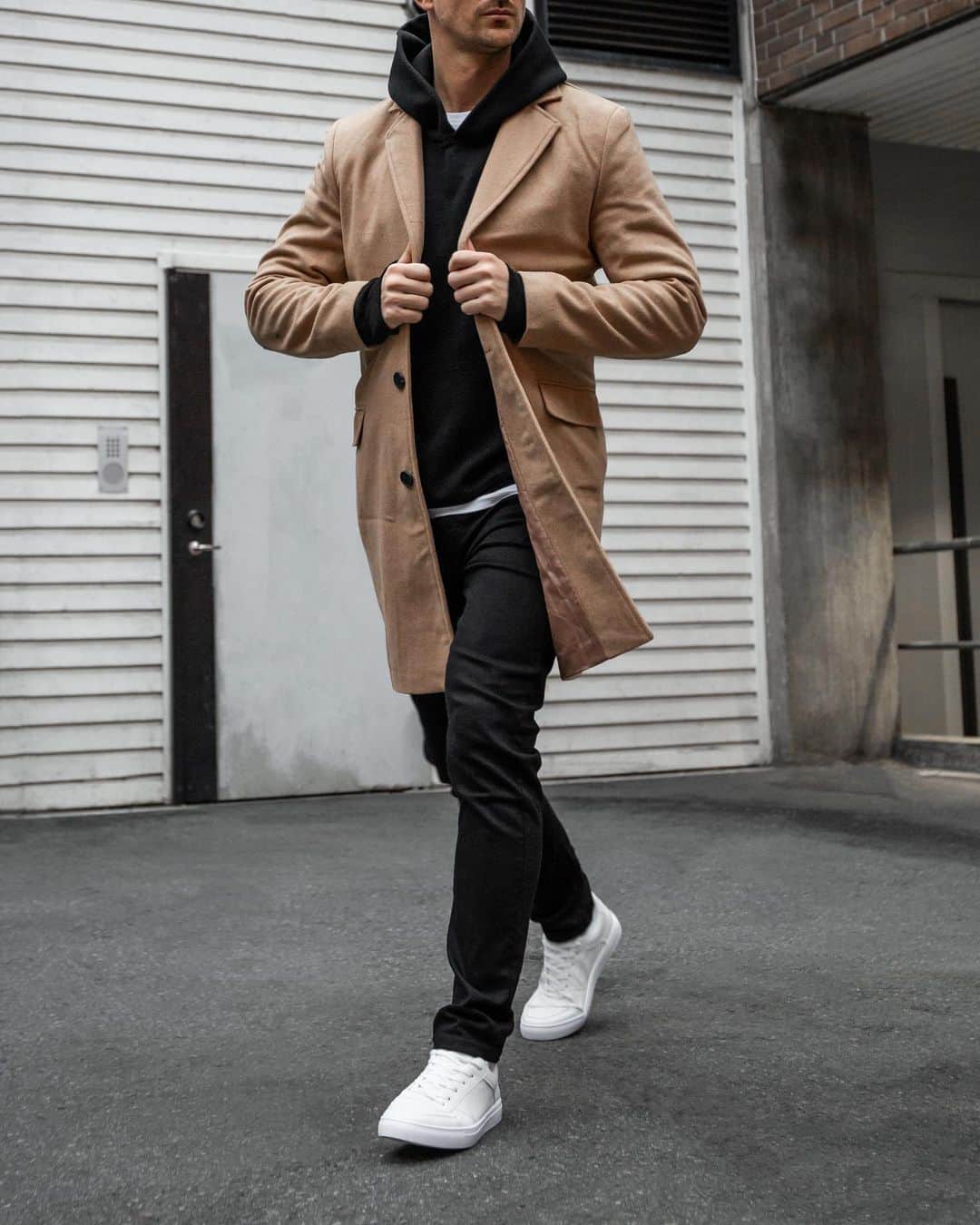 Men Withのインスタグラム：「#ad Black Friday is live at @boohoomanofficial!   Tap the photo to shop this outfit!   Coat: Single Breasted Wool Mix Overcoat Hoodie: Oversized Official Man Overdyed Hoodie Jeans: Skinny Fit Denim Jeans In Black  Shoes: Lace Up Perforated Tor Trainer  Shop more styles like this at @boohoomanofficial!」