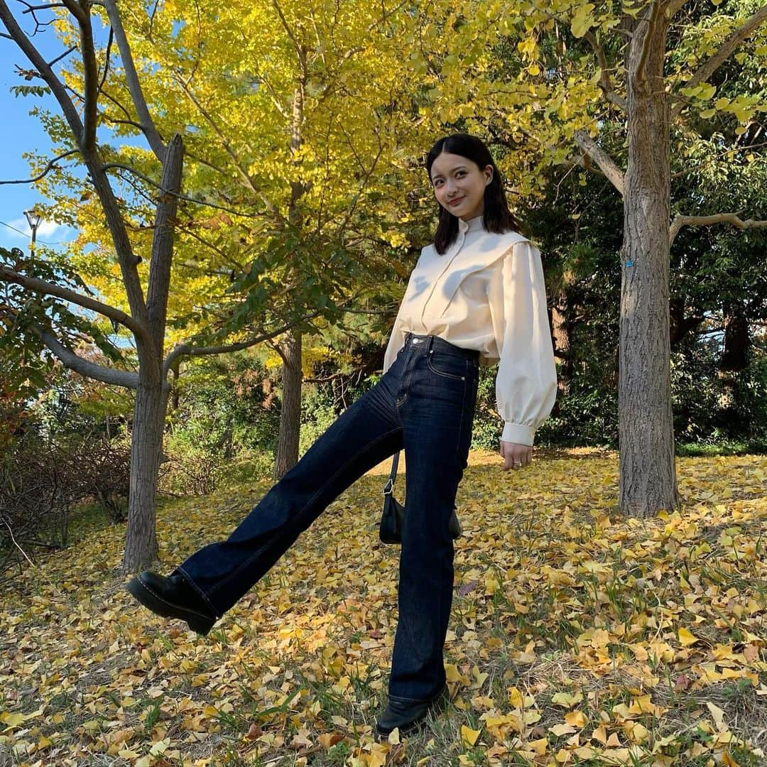 織田奈那さんのインスタグラム写真 - (織田奈那Instagram)「黄葉〜〜🍁 #髪型はロバートの秋山さん意識してるよ #背景かわゆす #プーさん出てきそうだね #うきうきおさんぽ #秋短いなぁ #秋もっと長くしてほしい」11月27日 20時23分 - odanana924