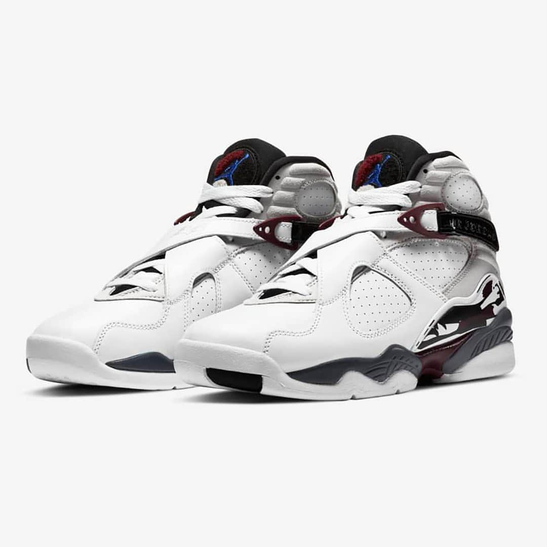 HYPEBEASTさんのインスタグラム写真 - (HYPEBEASTInstagram)「@hypebeastkicks: Take an official look at the Air Jordan 8 “Burgundy.” The women’s sneaker features an upper split between white leather and soft gray suede. Signature “Burgundy” details appear via the brushstroke-style pattern that graces the plastic overlays on the lateral and medial sides, while touches of black are present with high-gloss patent leather on the Velcro strap system and the neoprene tongue. Expect it to release on December 4 via @nike SNKRS for $190 USD in an extended size run.⁠⠀ Photo: Nike」11月27日 12時53分 - hypebeast