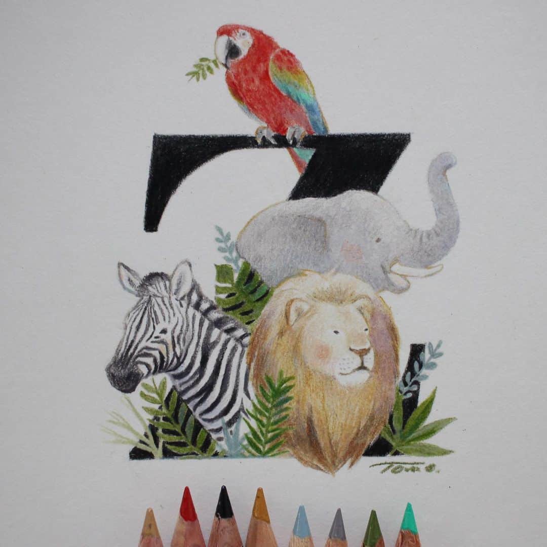 Tomoko Shintaniのインスタグラム：「Letters “Z” 🦓 . ラストはzooにて😊 . Completed♡🤗 That’s all for alphabets with colored pencils✏︎Thank you everyone for all likes and comments♡ . #letters #zebra #zoo #karismacolourpencils #holbeinartistscoloredpencil #carandacheluminance  #illustration #alphabet」