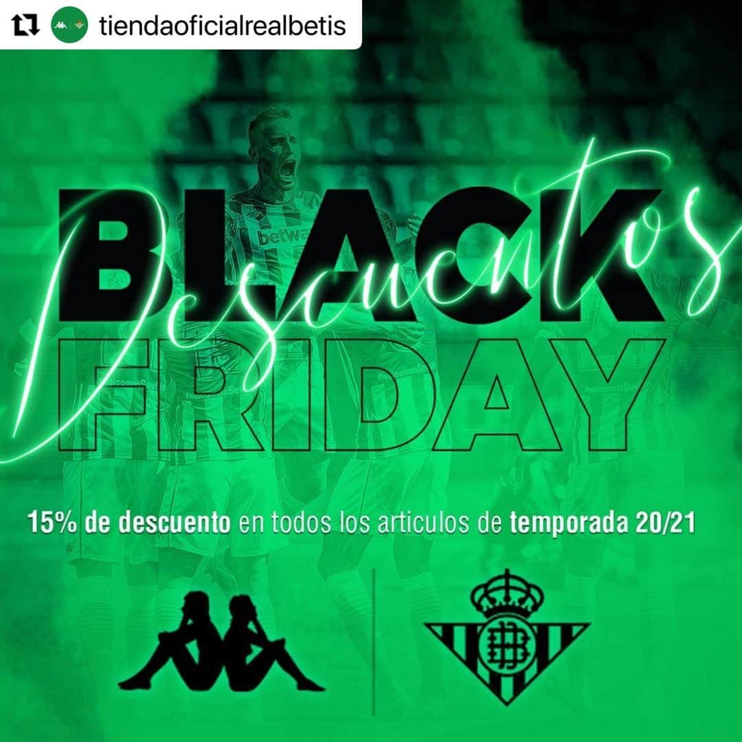 レアル・ベティスさんのインスタグラム写真 - (レアル・ベティスInstagram)「#Repost @tiendaoficialrealbetis  ・・・ BLACK FRIDAY BÉTICO💚🖤  Desde mañana, 27 de noviembre, hasta el lunes 30, podrás disfrutar de un 15% en producto Kappa de la temporada 20-21😀  Te esperamos tanto en tiendas oficiales del @realbetisbalompie como en la tienda online🎁  #KAPPA4BETIS #KAPPASPORT」11月27日 19時09分 - realbetisbalompie