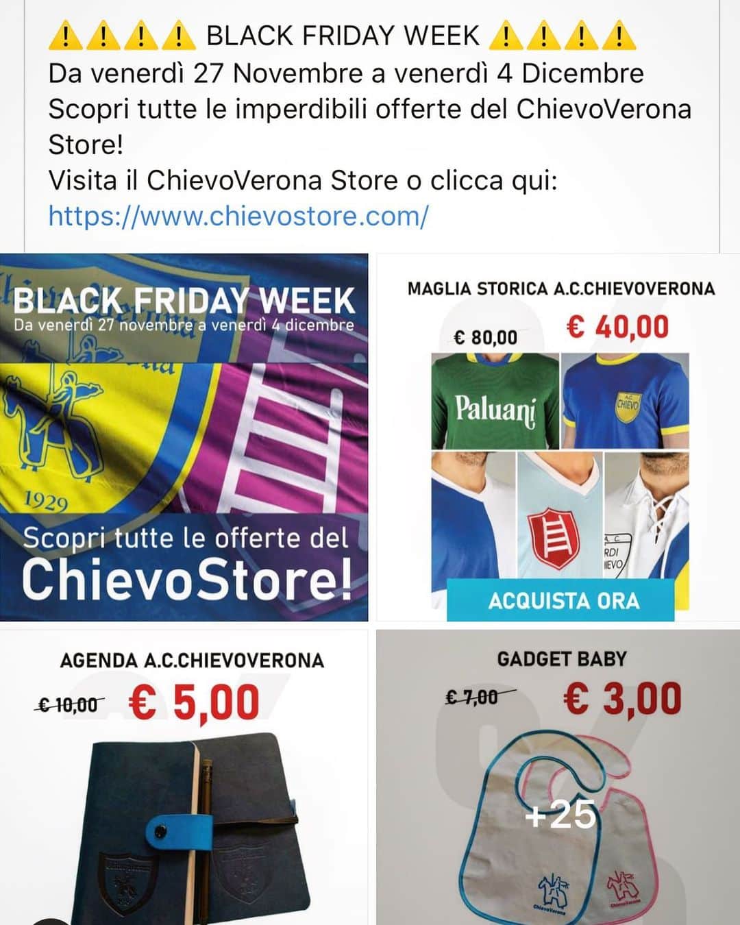 ACキエーヴォ・ヴェローナさんのインスタグラム写真 - (ACキエーヴォ・ヴェローナInstagram)「🟡🔵 FRIDAY GIALLOBLÙ 🟡🔵 Scopri tutte le promozioni del ChievoVerona Store!!! 👉 www.chievostore.com 👈 #ChievoVerona #Chievo #Store #black #friday #blackfriday #gift」11月27日 21時21分 - acchievoverona