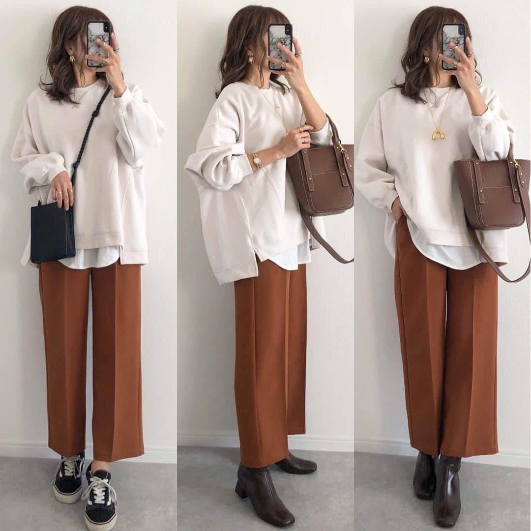 Miyoのインスタグラム：「2020.11.27 ・ @reedit_official コーデ🧡 センタープレスのカラーパンツが とっても形が綺麗でお気に入り🥰 シワになりにくいところも🙆🏻‍♀️✨ カジュアルにもきれいめにも着れるから 1枚あると着回しがきいて便利👍🏻 カラバリも豊富です♡ ・ スウェット…#reedit 白インナー…#楽天 (blogに載せてます) カラーパンツ…#リエディ スニーカー…#vans#オールドスクール ブーツ…reedit バッグ…#fifth#lavishgate ピアス…#ZARA#ザラ ・ blog更新しました✍🏻 ・ ・ ・ #リエディスタ#カラーパンツ#ワイドパンツ#スウェット#ブーツ#ザラコーデ#ザラジョ#ザラジョコーデ#パンツコーデ#スニーカーコーデ#今日のコーデ#ママコーデ#ママファッション#プチプラコーデ#プチプラファッション#シンプルコーデ#きれいめコーデ#カジュアルコーデ#大人カジュアル#大人可愛い#時尚」