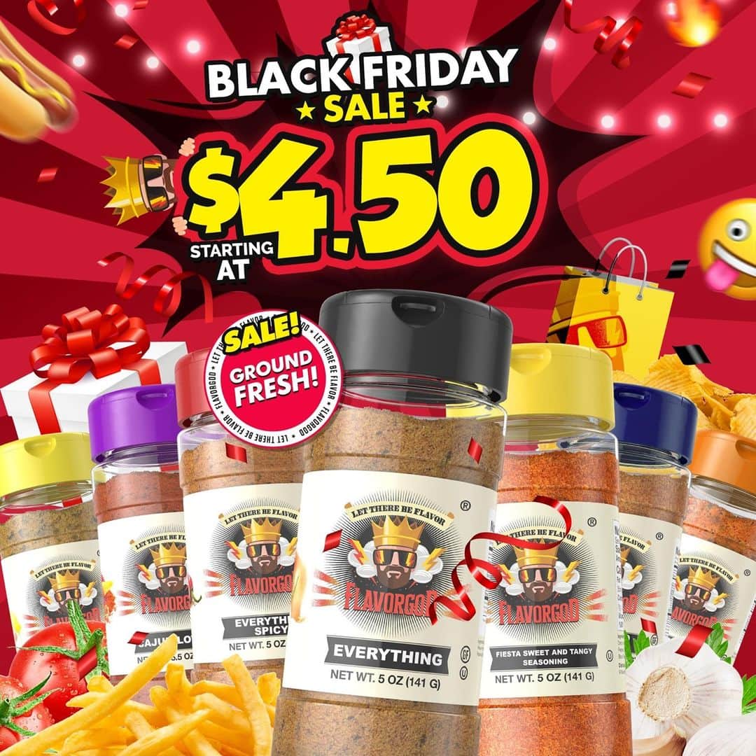 Flavorgod Seasoningsさんのインスタグラム写真 - (Flavorgod SeasoningsInstagram)「🚨🚨Black Friday SALE - Prices at $4.50!!🚨🚨⁠ -⁠ ✅FREE SHIPPING (lower 48 states) with purchases of $50+⁠ -⁠ Click on the link in bio for all details -> @flavorgod⁠ www.flavorgod.com⁠ -⁠ Flavor God Seasonings are:⁠ ✅ZERO CALORIES PER SERVING⁠ ✅MADE FRESH⁠ ✅MADE LOCALLY IN US⁠ ✅FREE GIFTS AT CHECKOUT⁠ ✅GLUTEN FREE⁠ ✅#PALEO & #KETO FRIENDLY⁠」11月27日 23時02分 - flavorgod