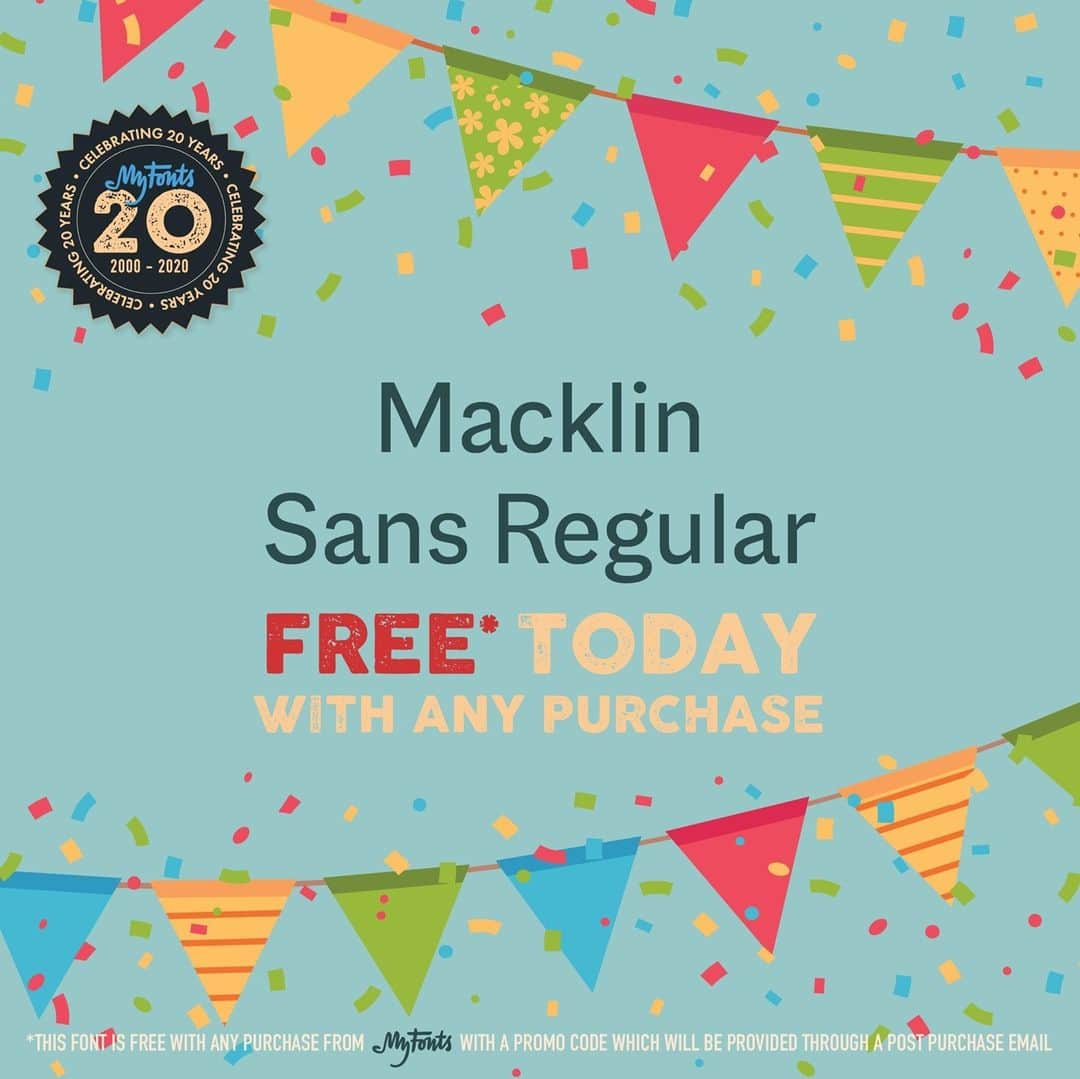 myfontsのインスタグラム：「Keep an eye out when you buy type during our massive #BFCMFontSale, now running at https://bit.ly/2IKEGPE – your order confirmation will include a link to download a different free font each day of the sale! #BlackFriday #FontSale #typography #freefont #macklin #macklinsans #sans #typo #fonts」