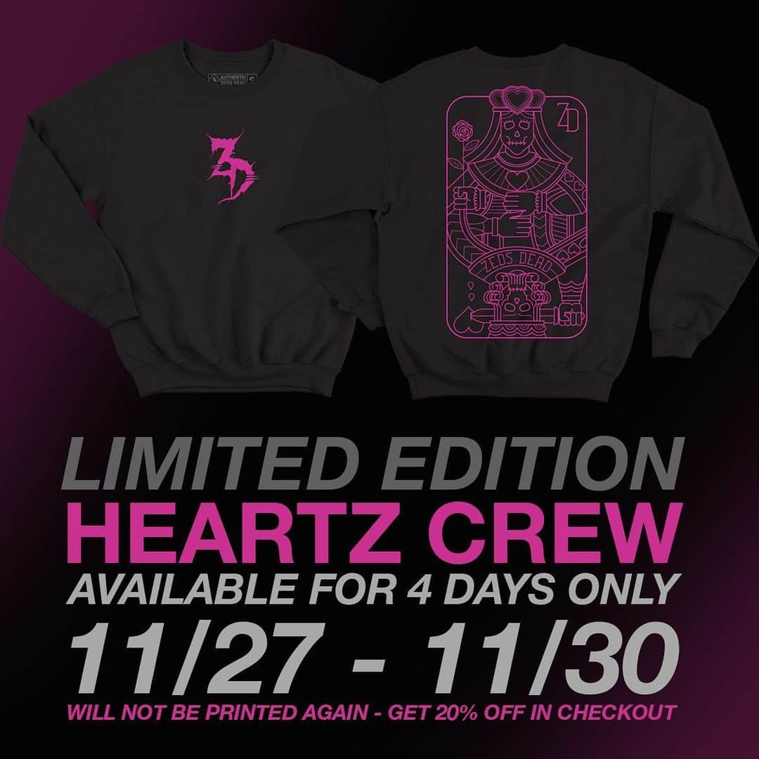 Zeds Deadのインスタグラム：「Limited edition crewneck sweaters available now for 4 days only for Black Friday weekend! Link in bio or head to zedsdead.kt8merch.com」