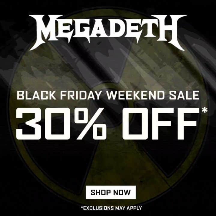 Megadethのインスタグラム：「Black Friday Weekend Merch Sale — 30% OFF! Shop Now! gtly.to/EQtVt3hh9 (swipe up in our story)」