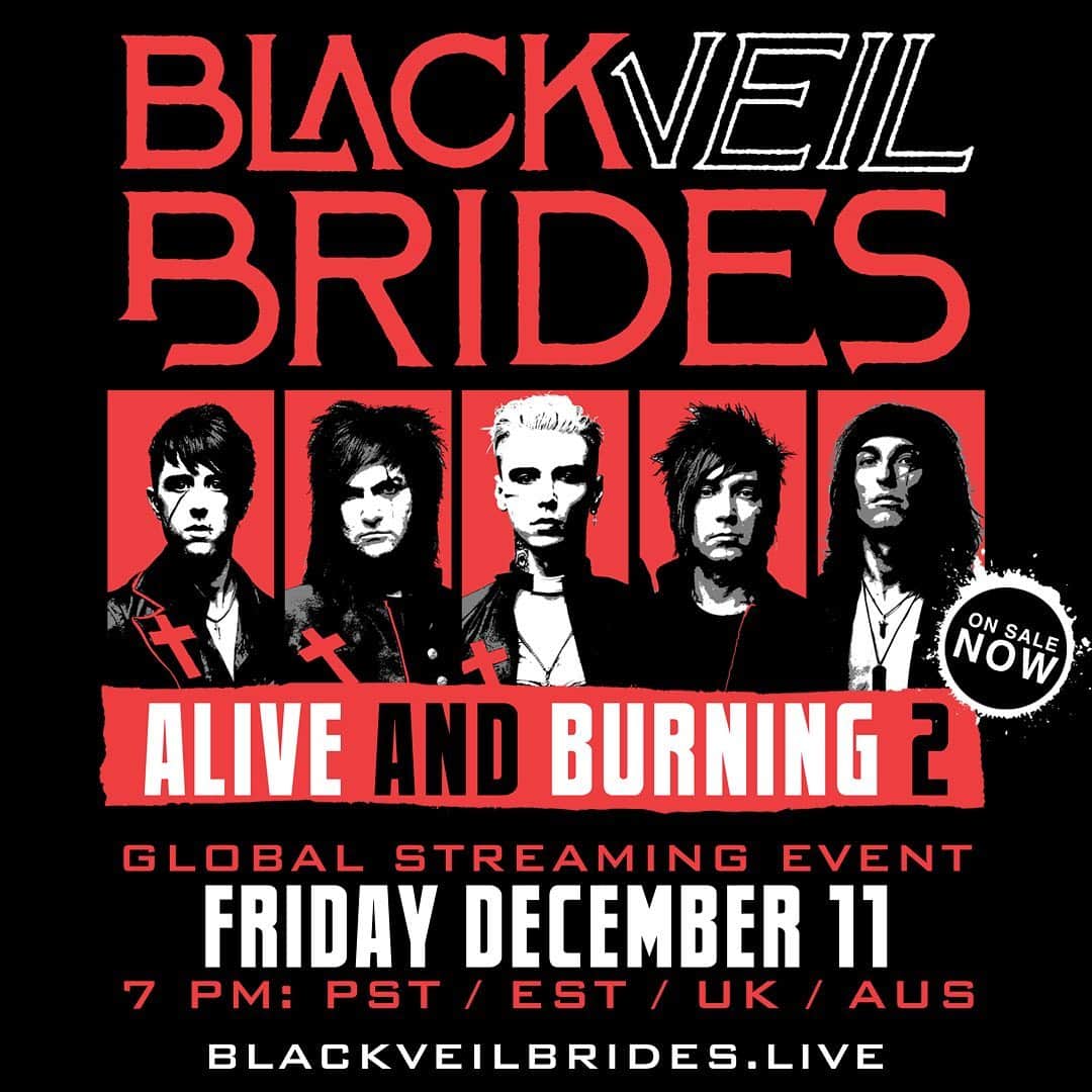 アンディー・ビアーザックのインスタグラム：「BVB ARMY! We are thrilled to announce our Global Streaming Event: “Alive and Burning 2” on Friday December 11, 2020 A Greatest Hits of Fan Favorites Virtual Concert filmed exclusively for the “Safer at Home” Experience! Showtimes will be at 7PM across 4 Time Zones: PST / EST / UK / AUS. TIX and VIP are on sale now at BlackVeilBrides.LIVE and at link in bio! See you there! 🖤❌」