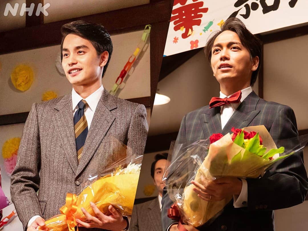 NHK 連続テレビ小説「エール」のインスタグラム：「村野鉄男役の #中村蒼 さん、佐藤久志役の #山崎育三郎 さん✍🎤  楽しいシーンも辛いシーンも、抜群のチームワークで駆け抜けた #福島三羽ガラス でした！💐   #朝ドラエール #窪田正孝」