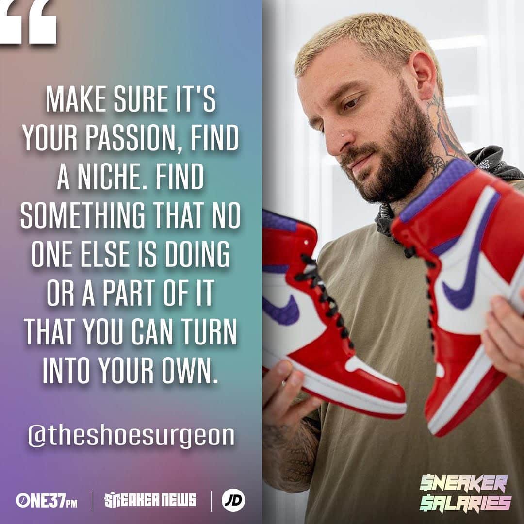 Sneaker Newsさんのインスタグラム写真 - (Sneaker NewsInstagram)「On the next episode of @SneakerSalaries, we spoke with none other than @theshoesurgeon to discuss his admirable rise in the world of custom footwear. If you're looking to make a career in the world of sneakers, you don't want to miss the gems he drops in our podcast. Hit the link in our bio to listen on Apple podcasts, or search Sneaker Salaries wherever you listen.」11月28日 7時02分 - sneakernews