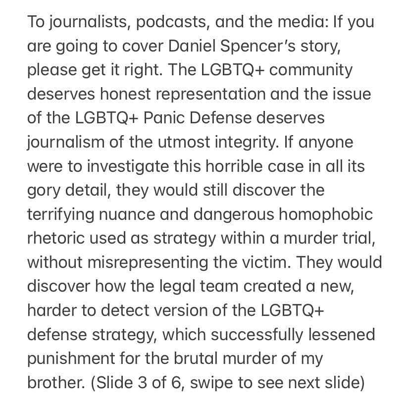 ローラ・スペンサーさんのインスタグラム写真 - (ローラ・スペンサーInstagram)「In addition to reading the above 6 slides, I also recommend reading about the LGBTQ+ Panic Defense on The LGBT Bar Association’s website. They have been working tirelessly for years to ban its use in courtrooms nationwide. Their website provides a detailed map of current legislation being introduced in various states, states where it is already illegal, and states that have no movement at all on this important issue. If Daniel’s story moves you in any way, please continue to share the facts and talk with your local government officials. For instance Oklahoma, my brother and I’s home state, has yet to have any legislation introduced banning the use of the LGBTQ+ Panic Defense. Happy to work alongside anyone’s efforts to help change that horrible fact. 🏳️‍🌈🏳️‍⚧️❤️#lgbtqpanicdefense #lgbtqrights」11月28日 9時04分 - itslauraspencer