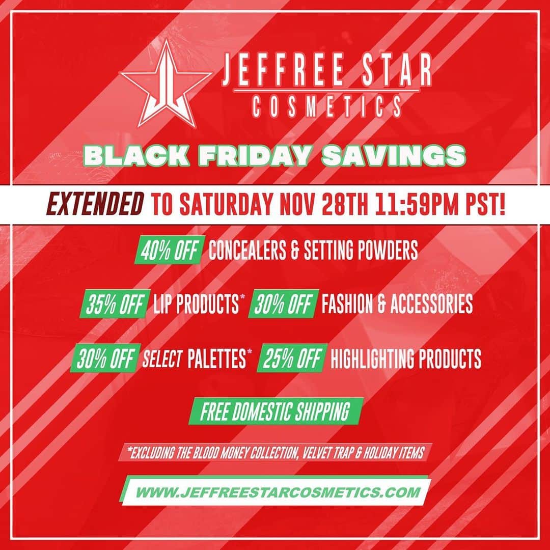 Jeffree Star Cosmeticsさんのインスタグラム写真 - (Jeffree Star CosmeticsInstagram)「WE HAVE EXTENDED ALL BLACK FRIDAY DEALS UNTIL TOMORROW AT 11:59 pm PST🔥 Shop the link in our bio!! 🌟」11月28日 14時02分 - jeffreestarcosmetics