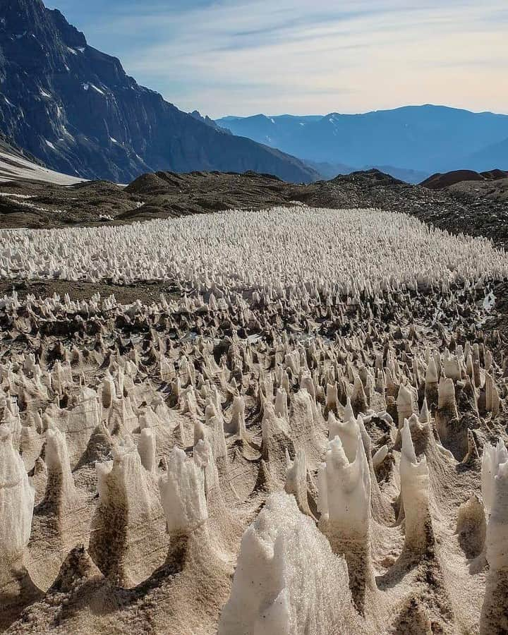 Discover Earthさんのインスタグラム写真 - (Discover EarthInstagram)「Did you know that what they call "penitentes" or "nieves penitentes" are snow deposits, that can be found at high altitudes above 4,000 metres where the air is dry, such as in the regions between Argentina and Chile ?   They take the shape of elongated, thin blades, closely spaced and pointed towards the general direction of the sun, of hardened snow or ice. They vary from a few centimetres to over 5 metres in length.   They form a mechanism called "sublimation", as the sun's rays transform snow directly into water vapour without melting it first.  Depressions are first produced by an initially smooth snow surface when some regions randomly sublimate faster than others.   In the depressions, the angled surfaces then concentrate sunlight and drive sublimation, leaving behind the higher points as forests of towering spikes.  #discoverchile🇨🇱 with @ernestoortiz.photography  @faszination_bergsteigen   @kristapsvx  @roxymtngirl  @cli5fnspire   . . . . .  #sanpedrodeatacama  #atacama  #atacamadesert  #travel  #desiertodeatacama  #desert  #desertodoatacama  #desierto  #travelphotography  #nature  #southamerica  #valledelaluna  #chile ​#instachile ​#chilegram ​#santiago  #sublimation」11月29日 1時00分 - discoverearth